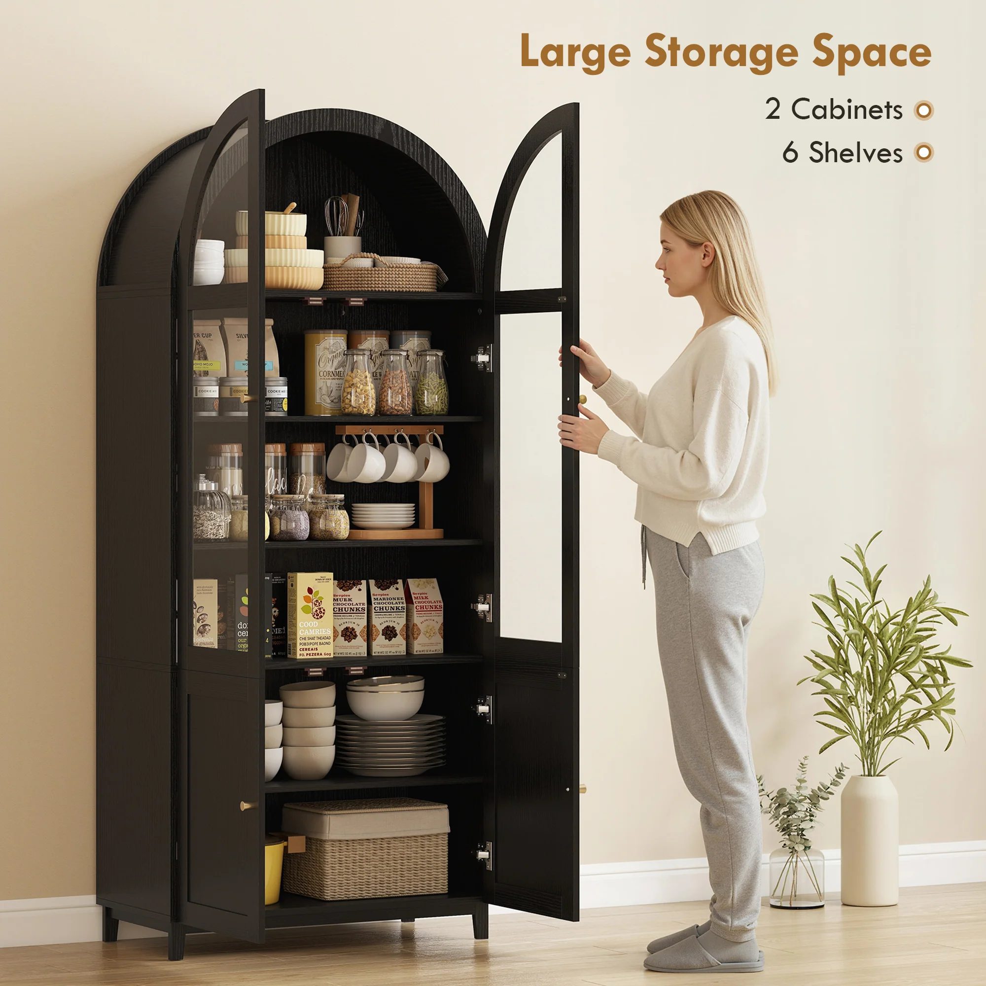71" Tall Arched Kitchen Pantry Cabinet, Farmhouse Freestanding Kitchen Storage Cabinet, Black - Image 7