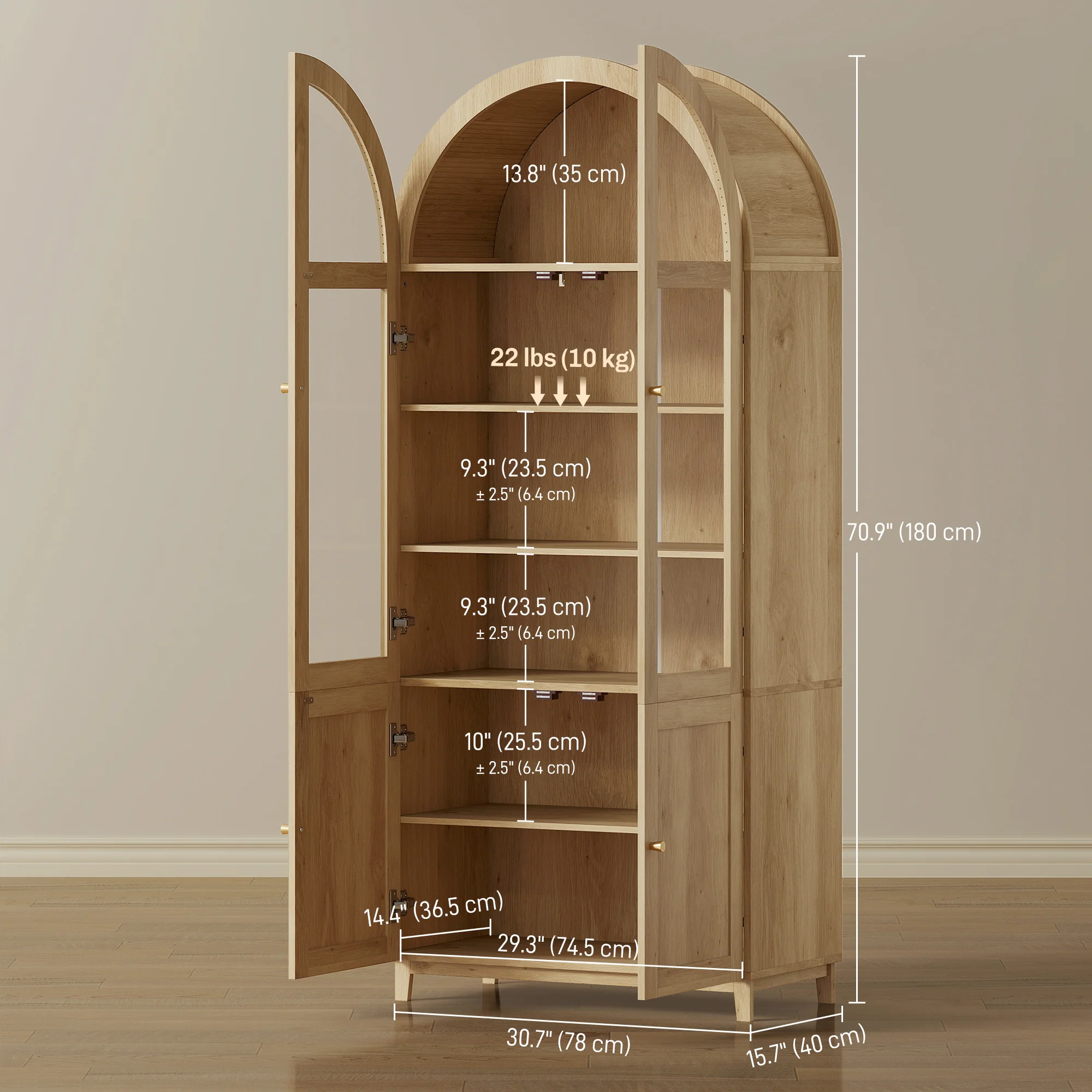 71" Tall Arched Kitchen Pantry Cabinet, Farmhouse Freestanding Kitchen Storage Cabinet, Oak - Image 5