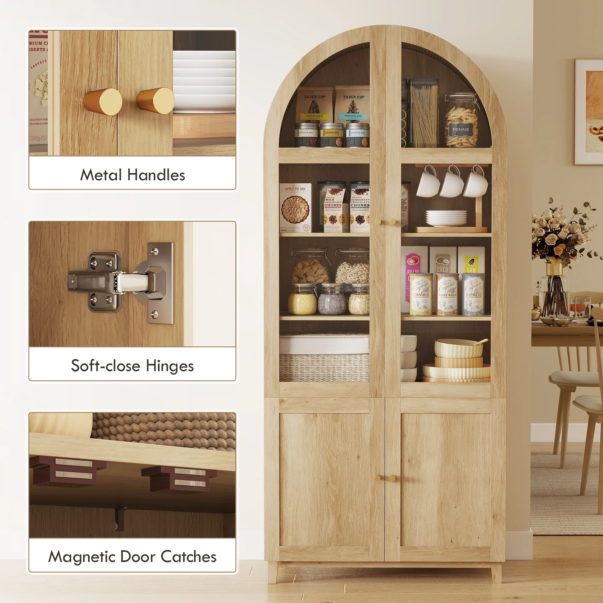 71" Tall Arched Kitchen Pantry Cabinet, Farmhouse Freestanding Kitchen Storage Cabinet, Oak - Image 9