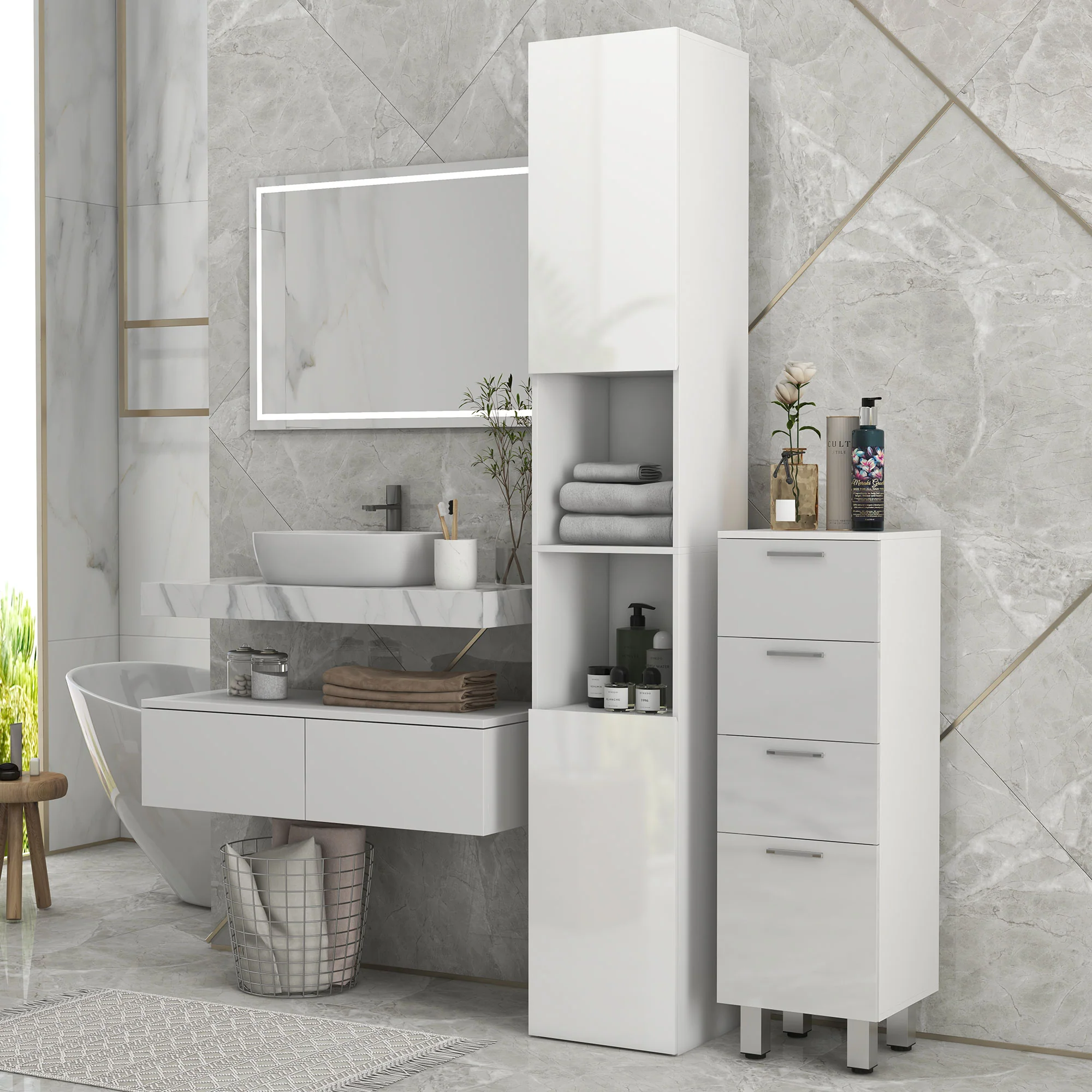 71" Tall Narrow Linen Tower w/ Open Shelves, 2 Doors Cabinets & Adjustable Shelves, White - Image 4