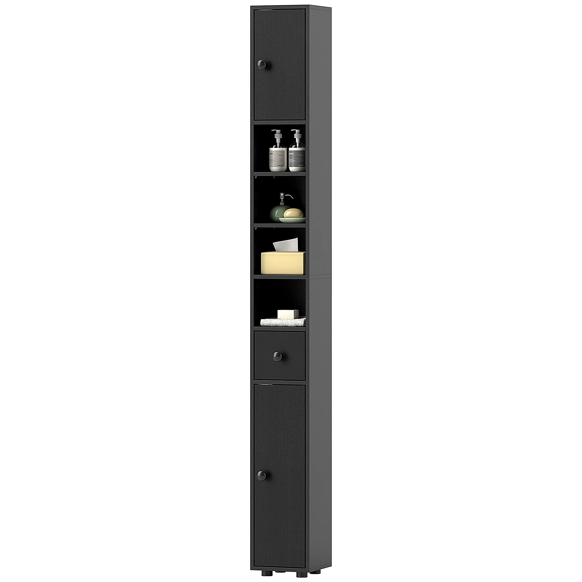 71" Tall Slim Storage Cabinet, Linen Tower w/ Drawer, Open Shelves & 2 Door Cabinets, Black - Image 2