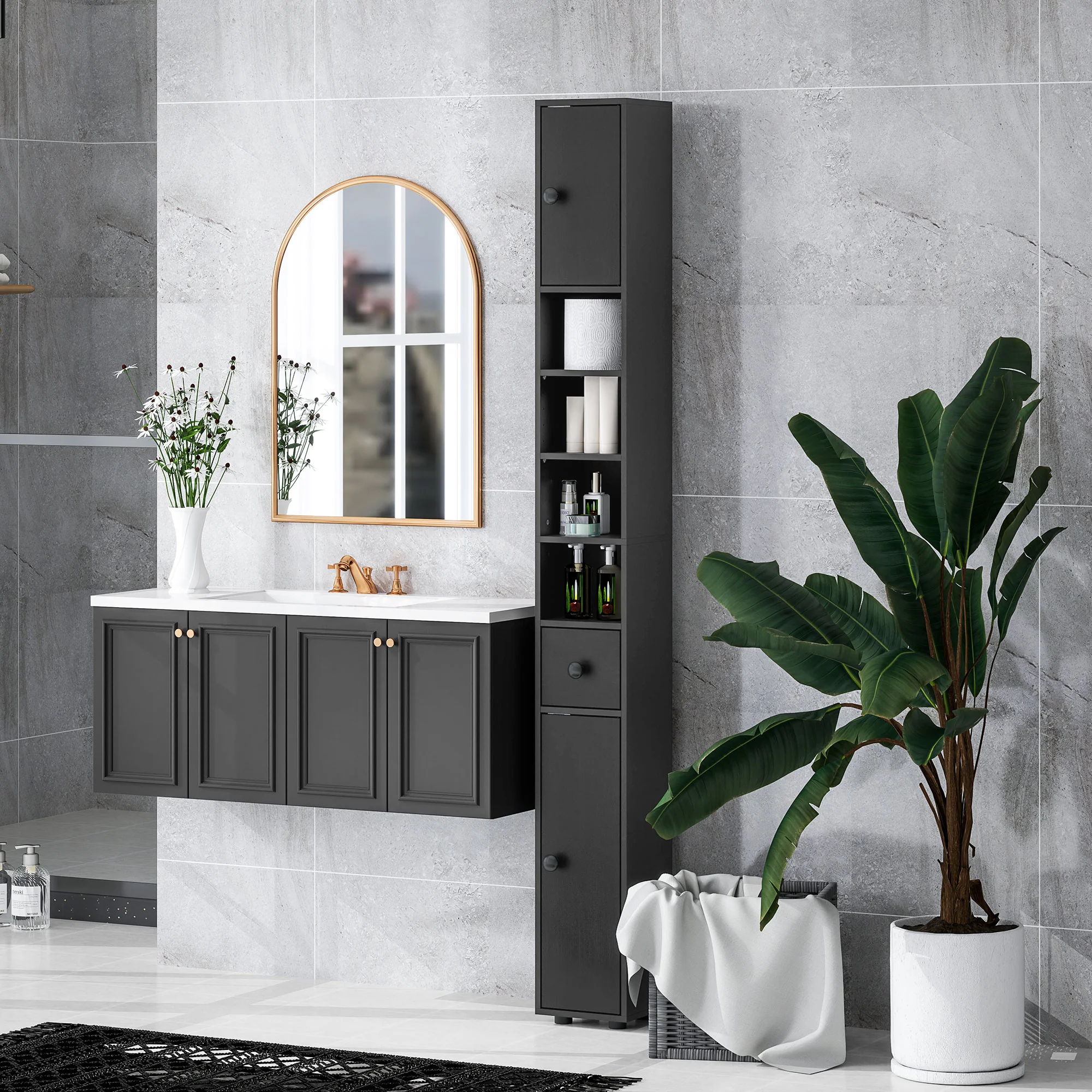 71" Tall Slim Storage Cabinet, Linen Tower w/ Drawer, Open Shelves & 2 Door Cabinets, Black - Image 9
