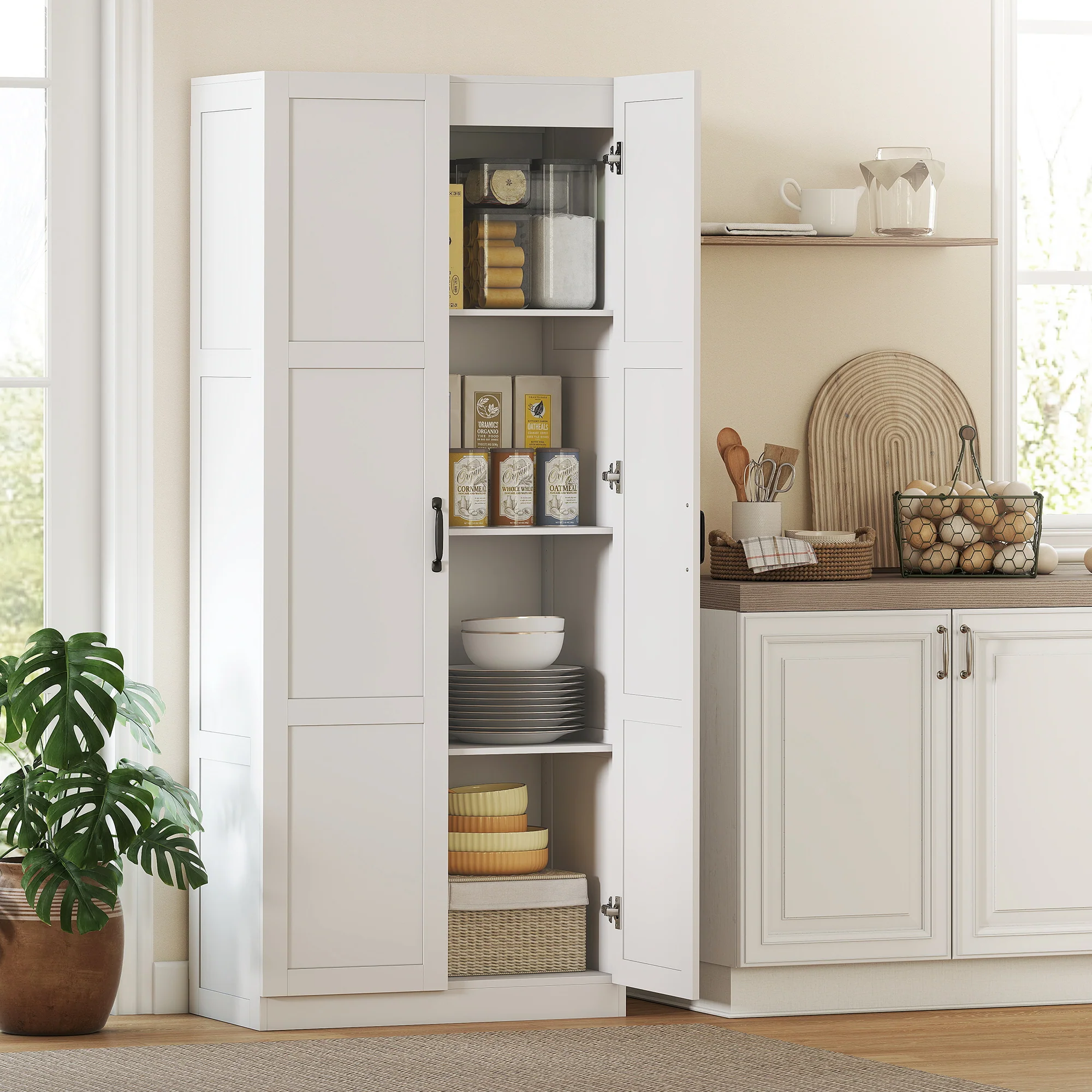 71" Tall White Kitchen Pantry Cabinet with Soft-Close Hinges & 4 Adjustable Shelves, White - Image 3
