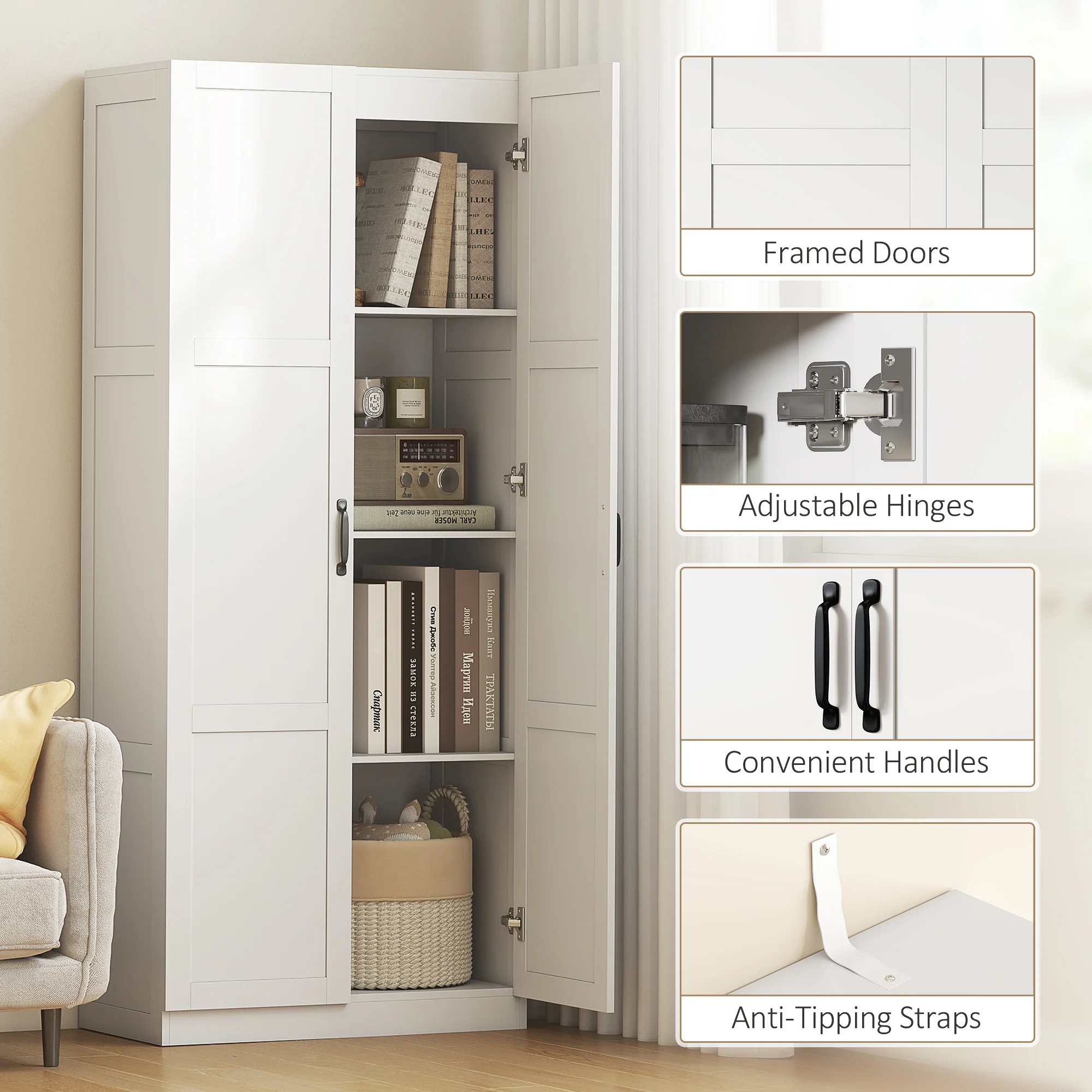71" Tall White Kitchen Pantry Cabinet with Soft-Close Hinges & 4 Adjustable Shelves, White - Image 9