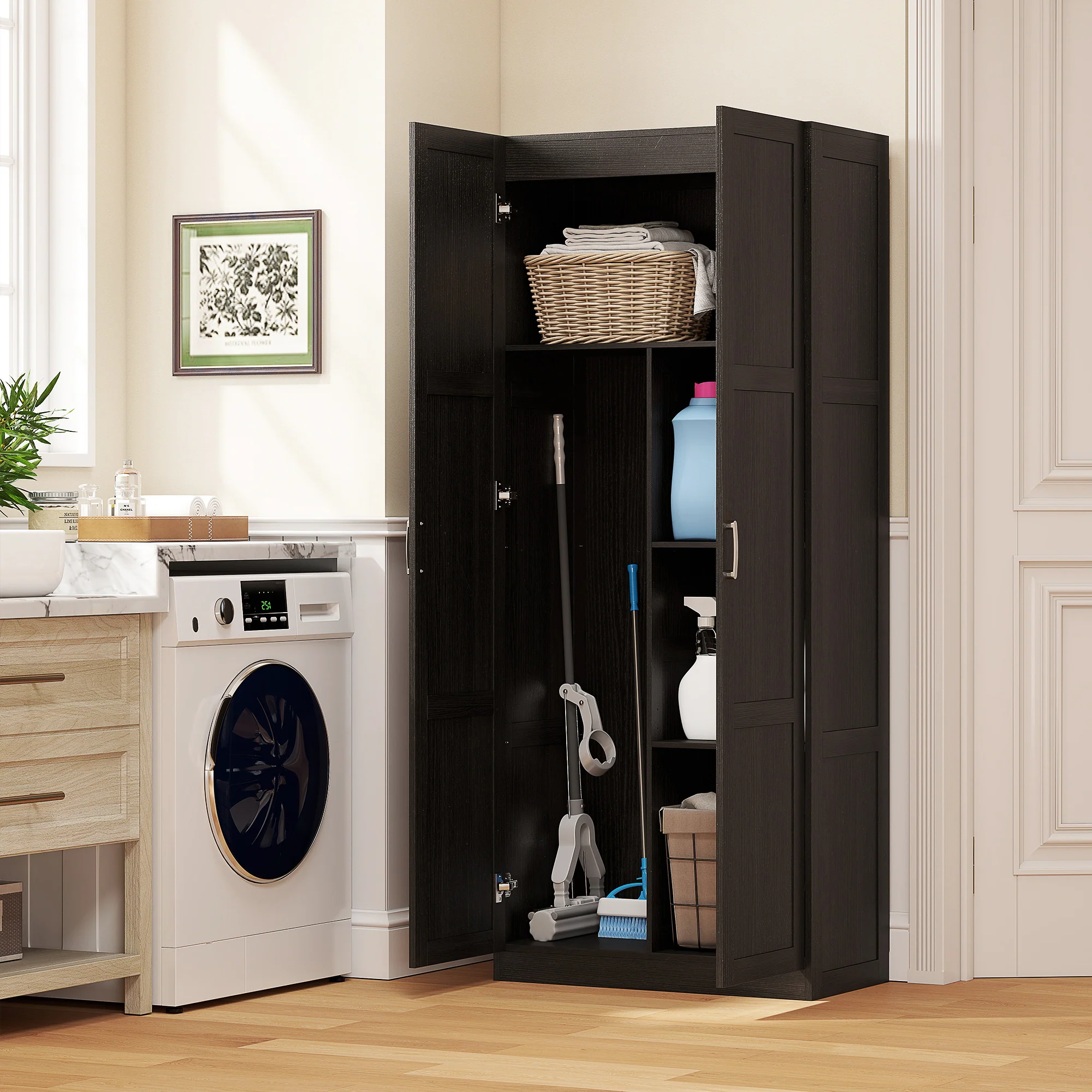 71" Tall White Kitchen Pantry Cabinet with Soft-Close Hinges & 4 Adjustable Shelves, Dark Brown - Image 10