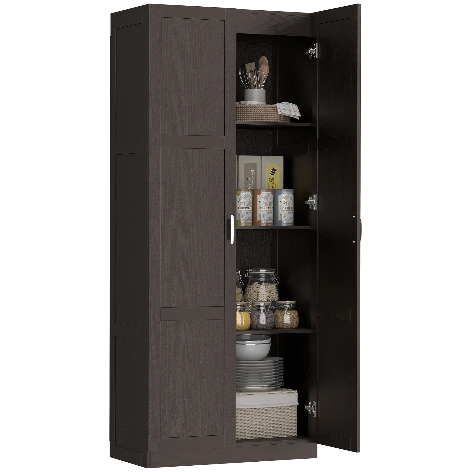 71" Tall White Kitchen Pantry Cabinet with Soft-Close Hinges & 4 Adjustable Shelves, Dark Brown - Image 2