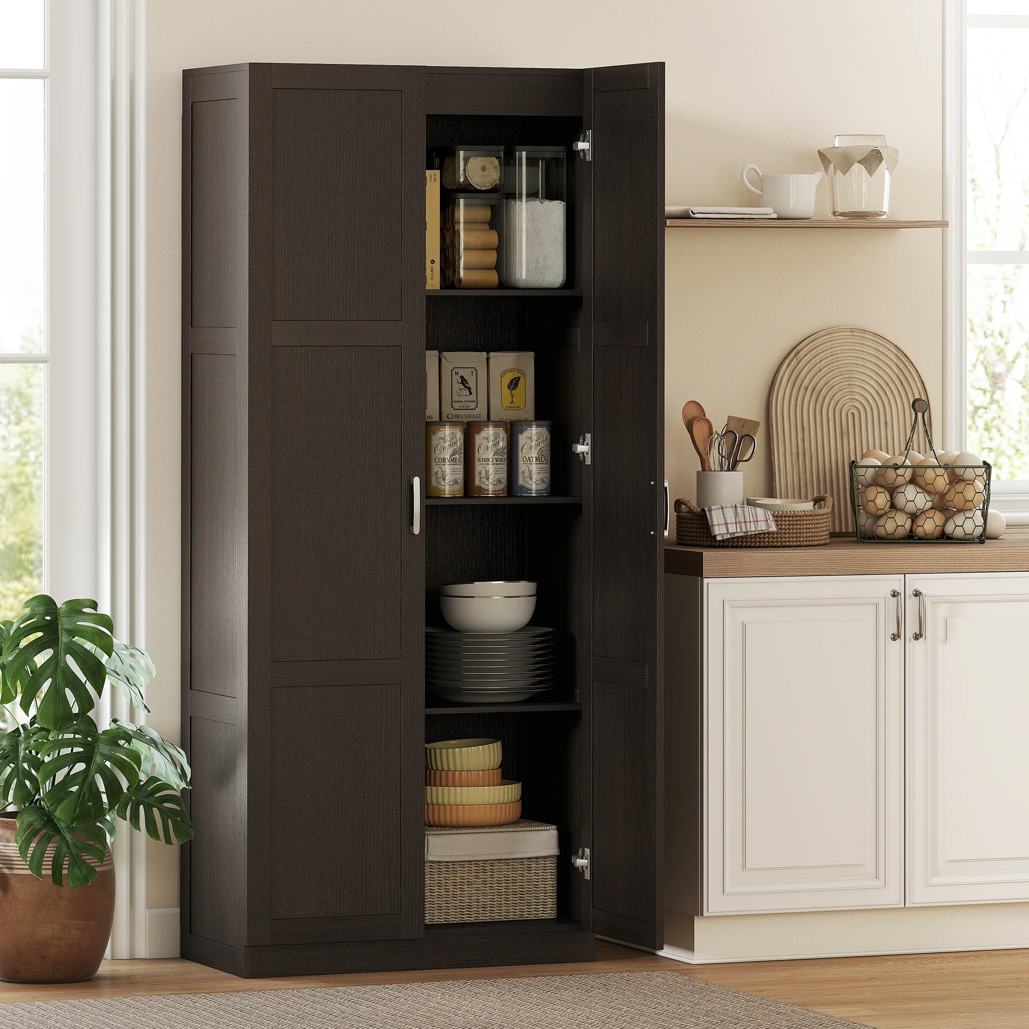 71" Tall White Kitchen Pantry Cabinet with Soft-Close Hinges & 4 Adjustable Shelves, Dark Brown - Image 3