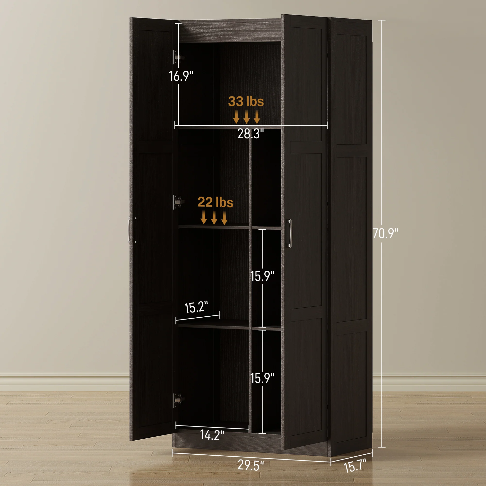 71" Tall White Kitchen Pantry Cabinet with Soft-Close Hinges & 4 Adjustable Shelves, Dark Brown - Image 5