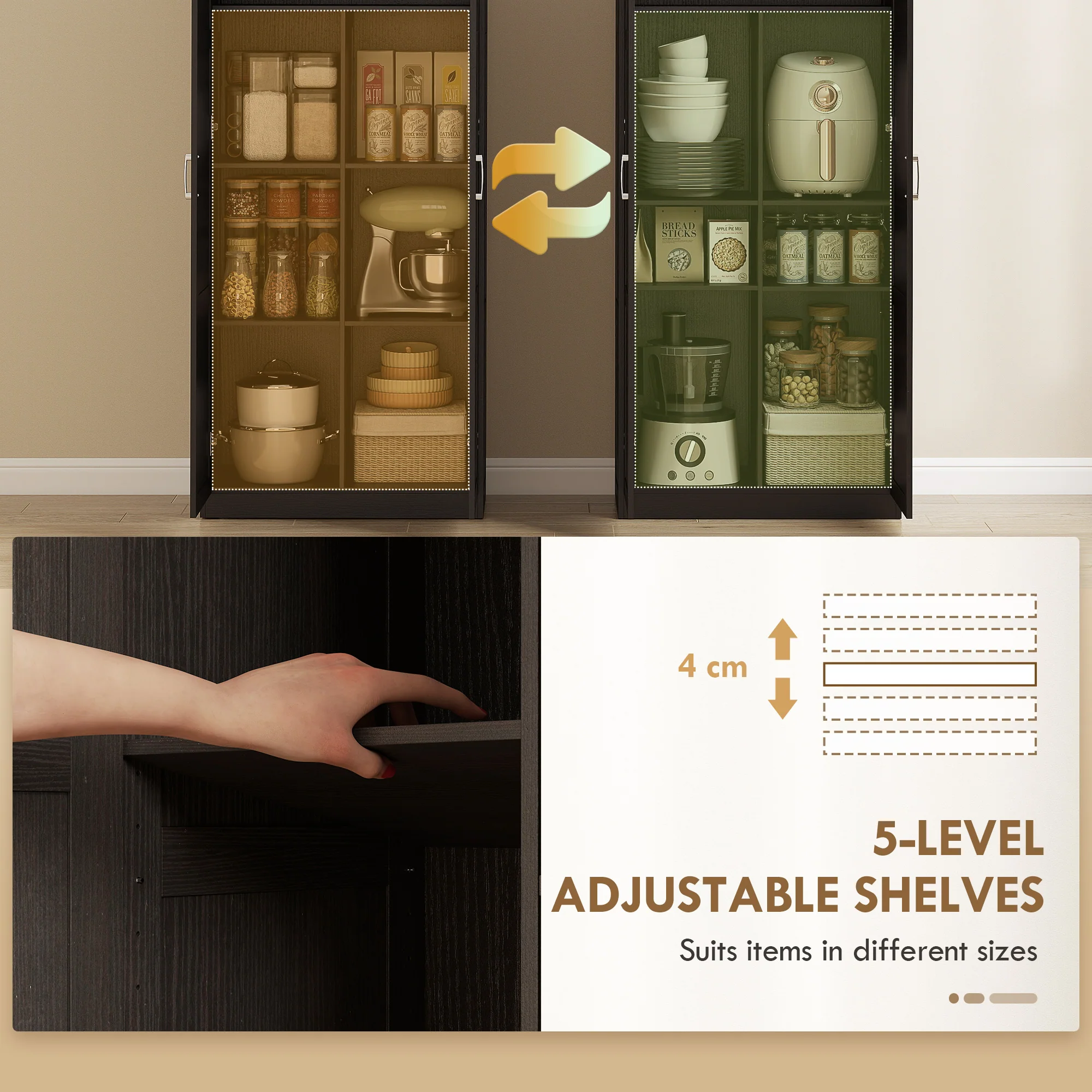 71" Tall White Kitchen Pantry Cabinet with Soft-Close Hinges & 4 Adjustable Shelves, Dark Brown - Image 7