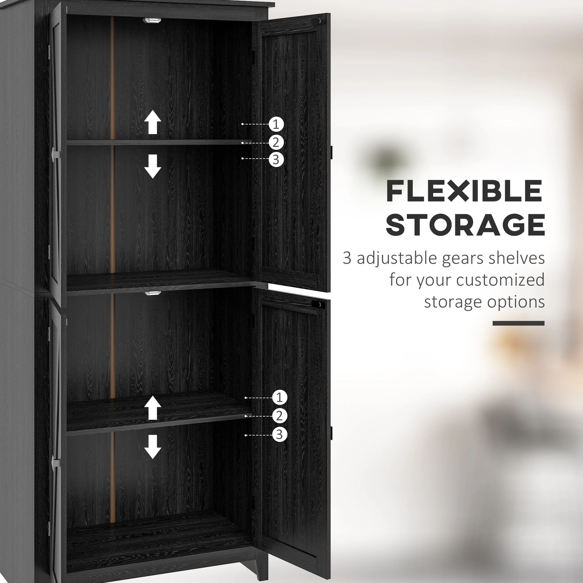 72" Farmhouse Pantry with 4 Barn Doors & Adjustable Shelves, Black - Image 7