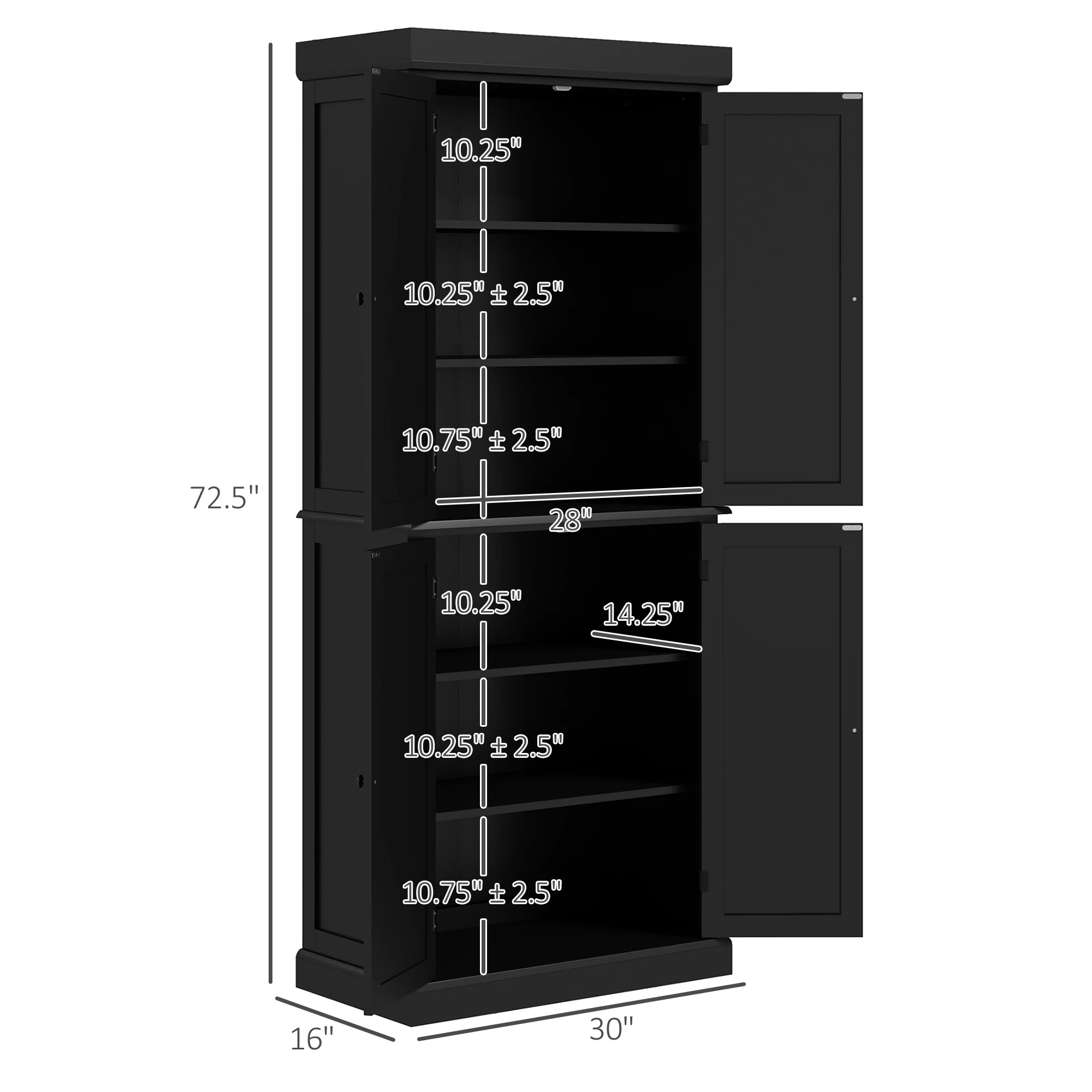 72" Freestanding Kitchen Pantry Storage Cabinet w/ Doors and Shelves, Black - Image 5