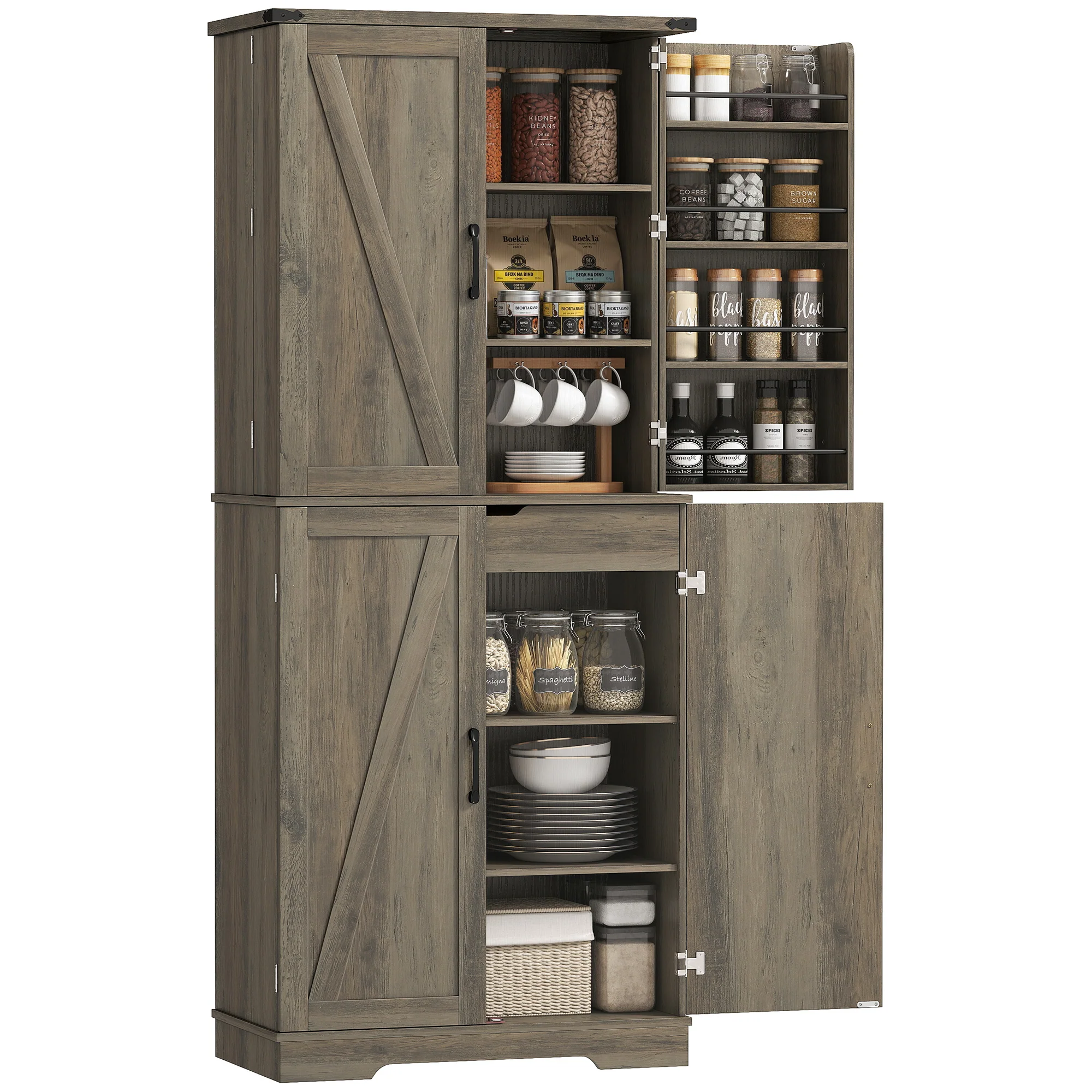 72" Kitchen Pantry Cabinet, Farmhouse Freestanding Tall Kitchen Storage Cabinet with 4 Barn Doors, Hidden Drawer, 8 Door Shelves and Adjustable Shelf, Light Ivory Grey