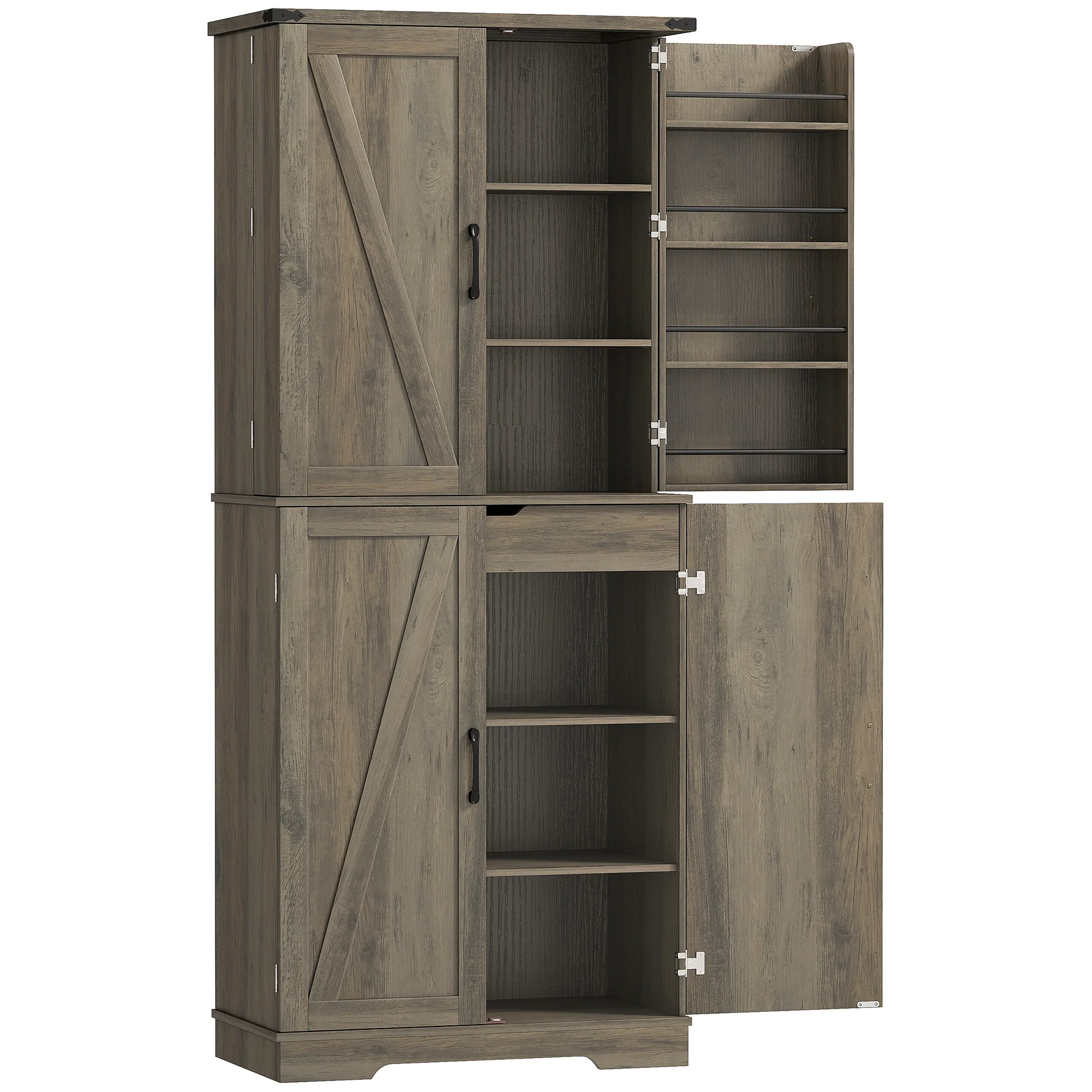 72" Kitchen Pantry Cabinet, Farmhouse Freestanding Tall Kitchen Storage Cabinet with 4 Barn Doors, Hidden Drawer, 8 Door Shelves and Adjustable Shelf, Light Ivory Grey - Image 12