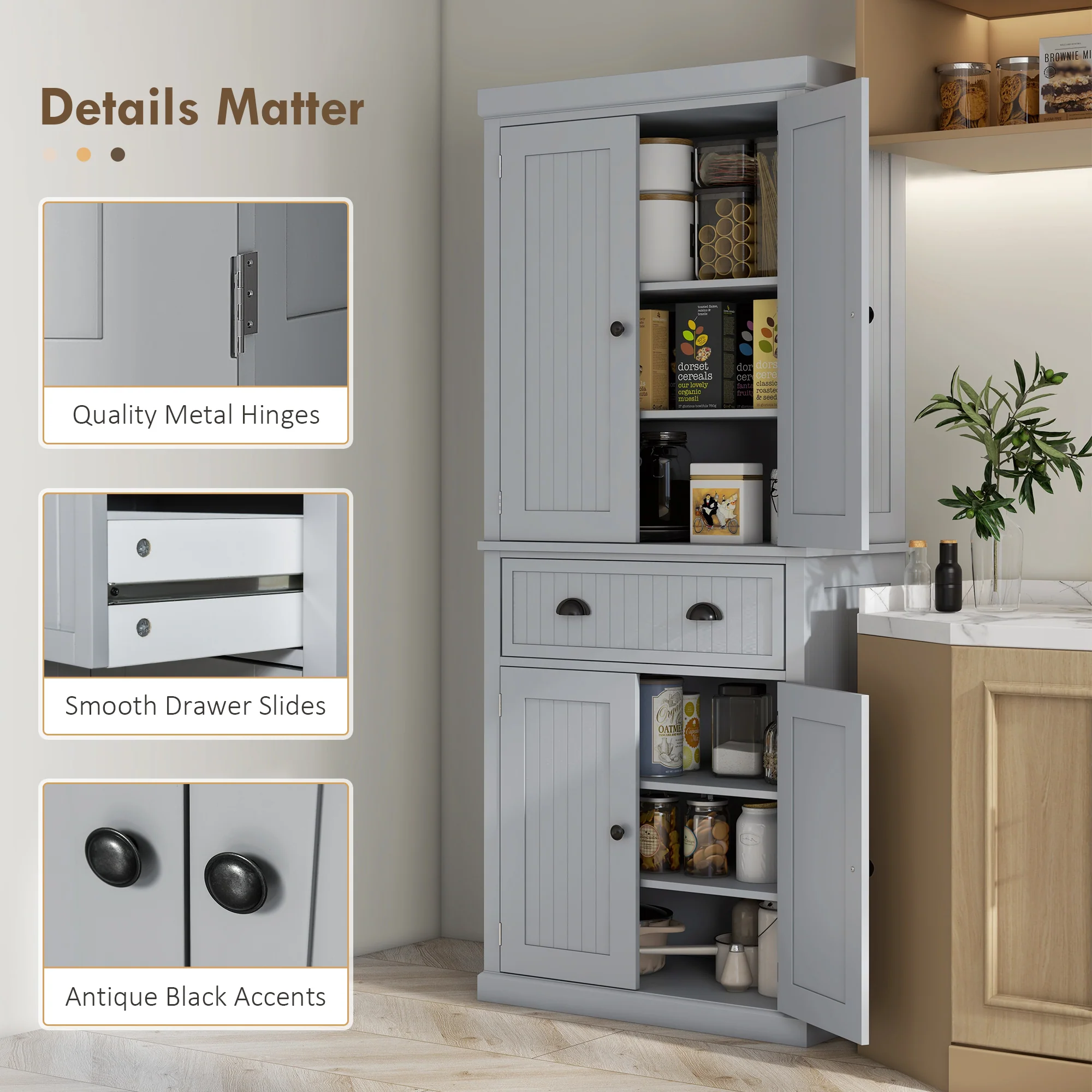 72" Kitchen Pantry Storage Cabinet with 4 Doors & 3 Adjustable Shelves, Gray - Image 10