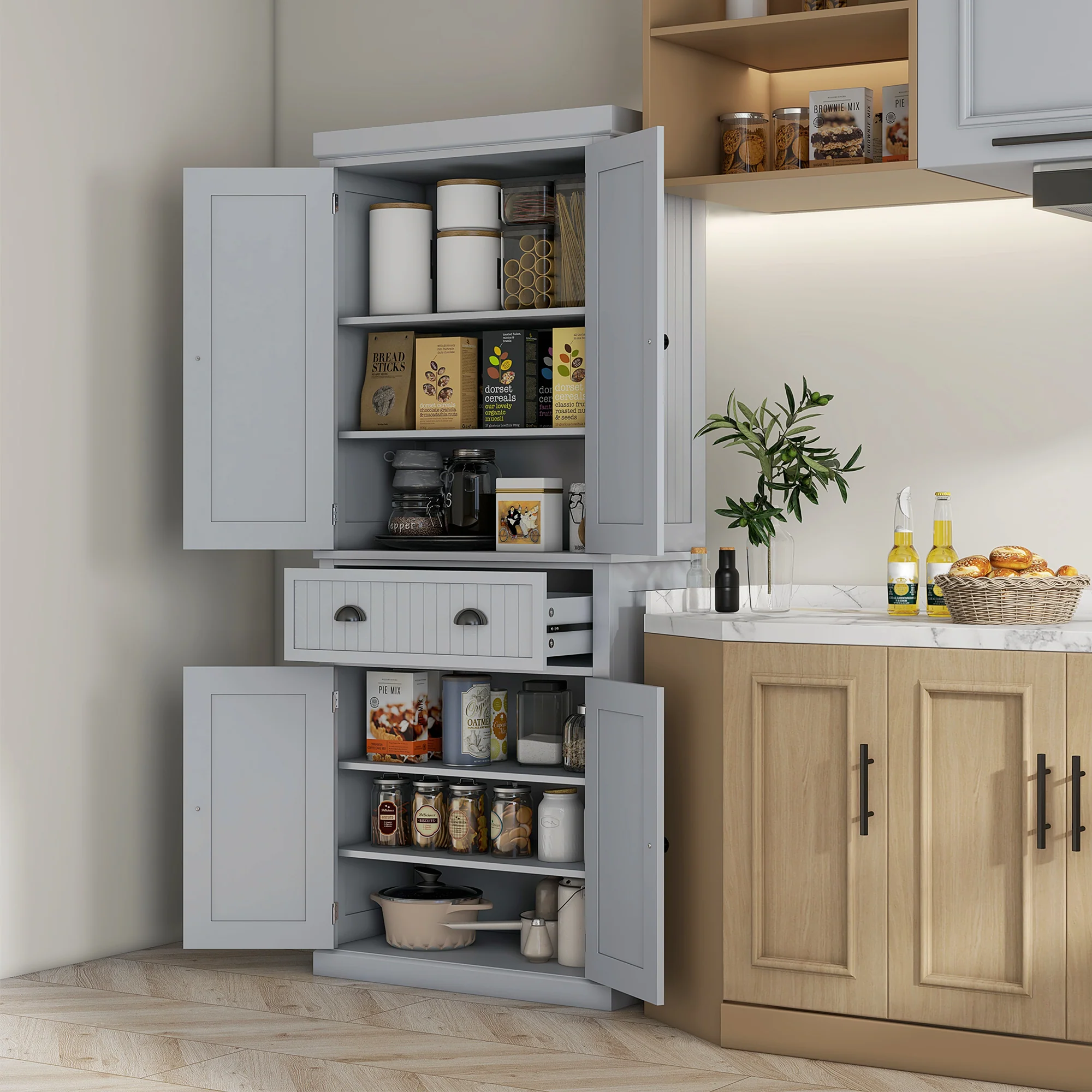 72" Kitchen Pantry Storage Cabinet with 4 Doors & 3 Adjustable Shelves, Gray - Image 3