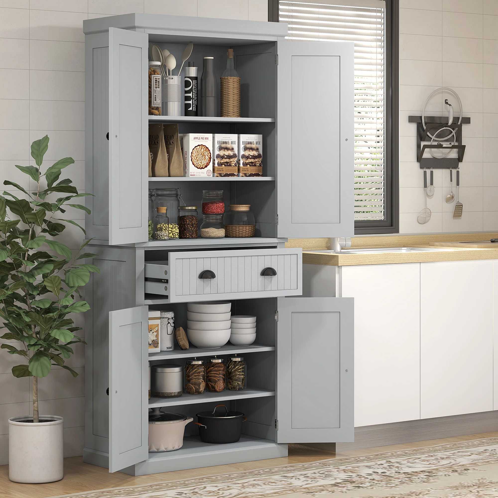 72" Kitchen Pantry Storage Cabinet with 4 Doors & 3 Adjustable Shelves, Gray - Image 4
