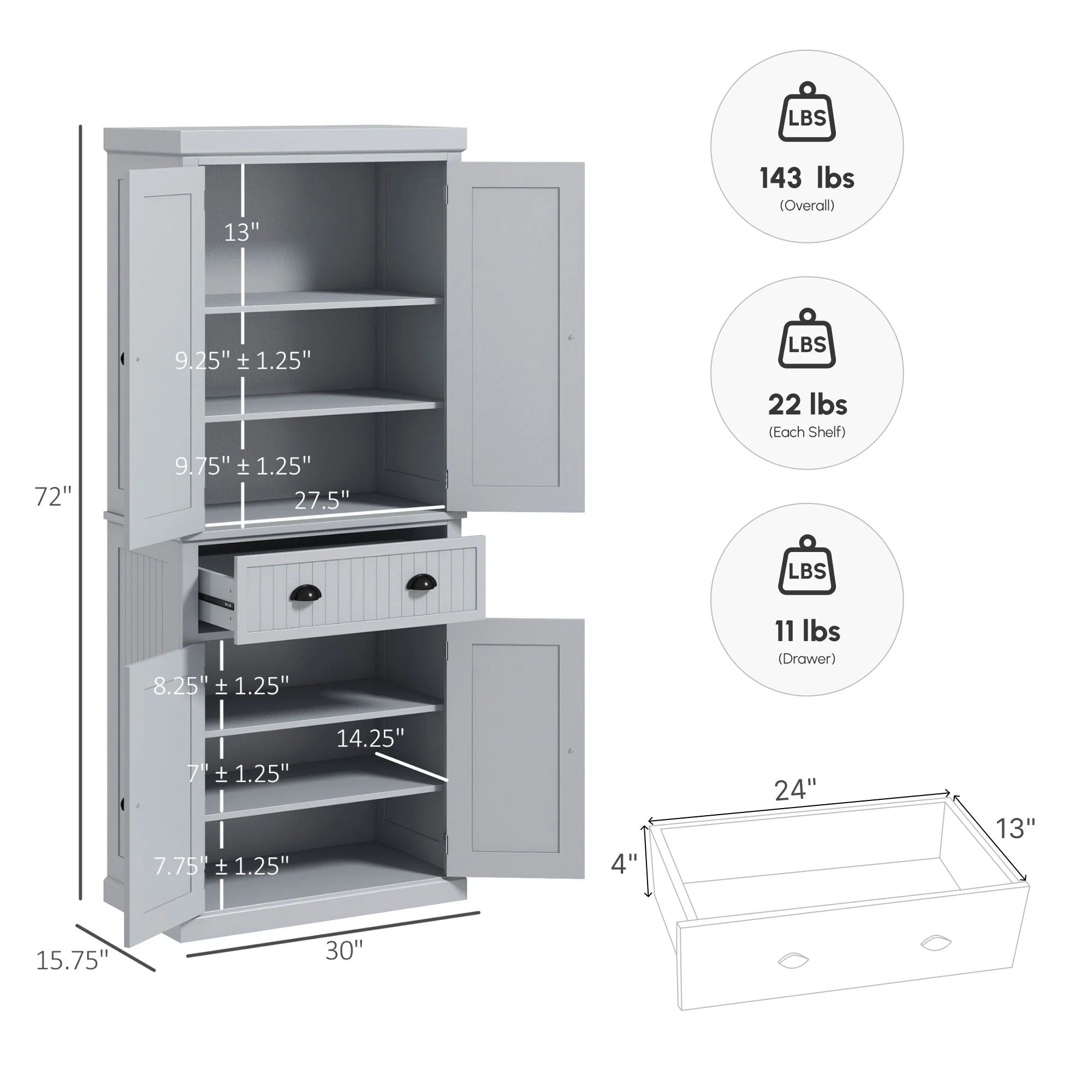 72" Kitchen Pantry Storage Cabinet with 4 Doors & 3 Adjustable Shelves, Gray - Image 5
