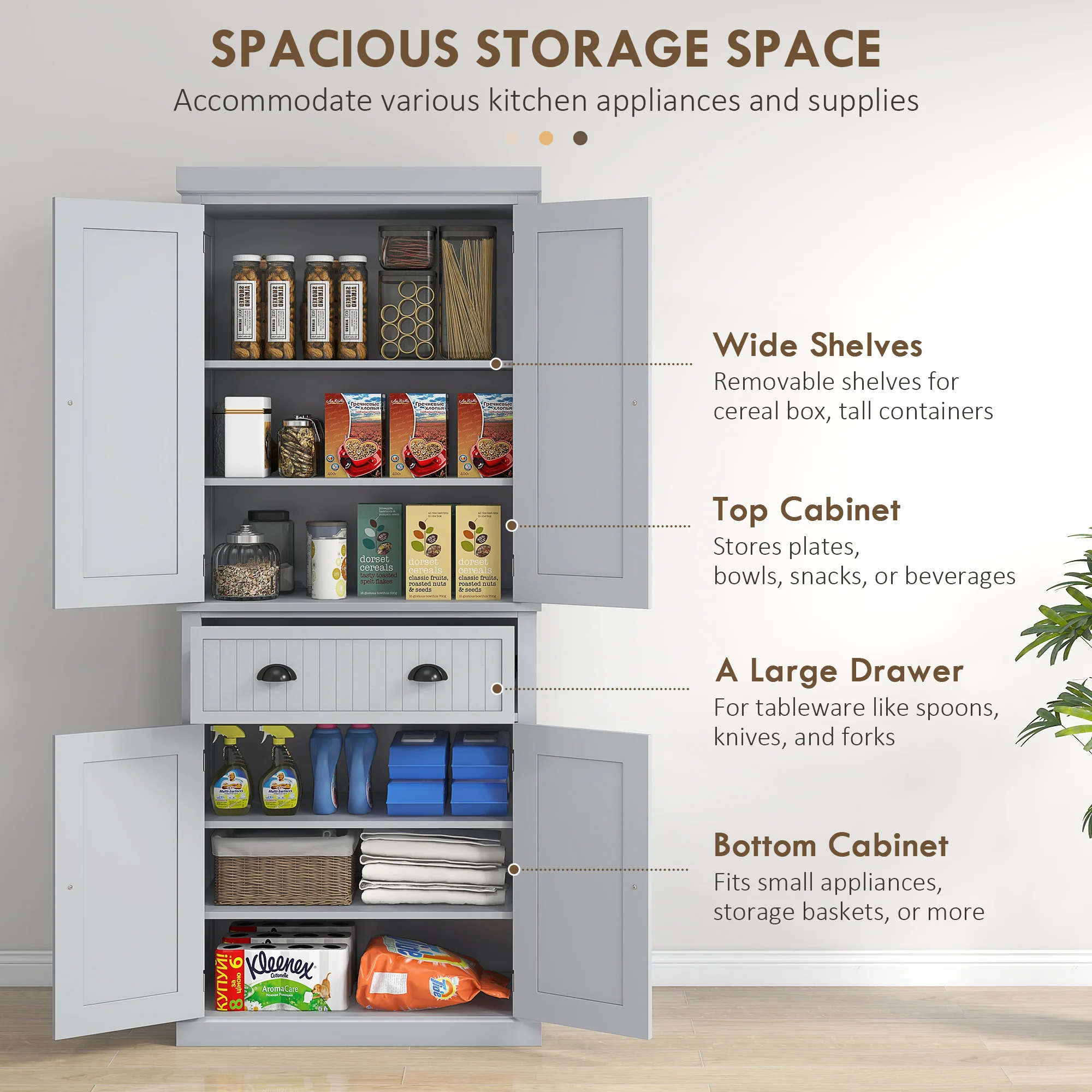 72" Kitchen Pantry Storage Cabinet with 4 Doors & 3 Adjustable Shelves, Gray - Image 7