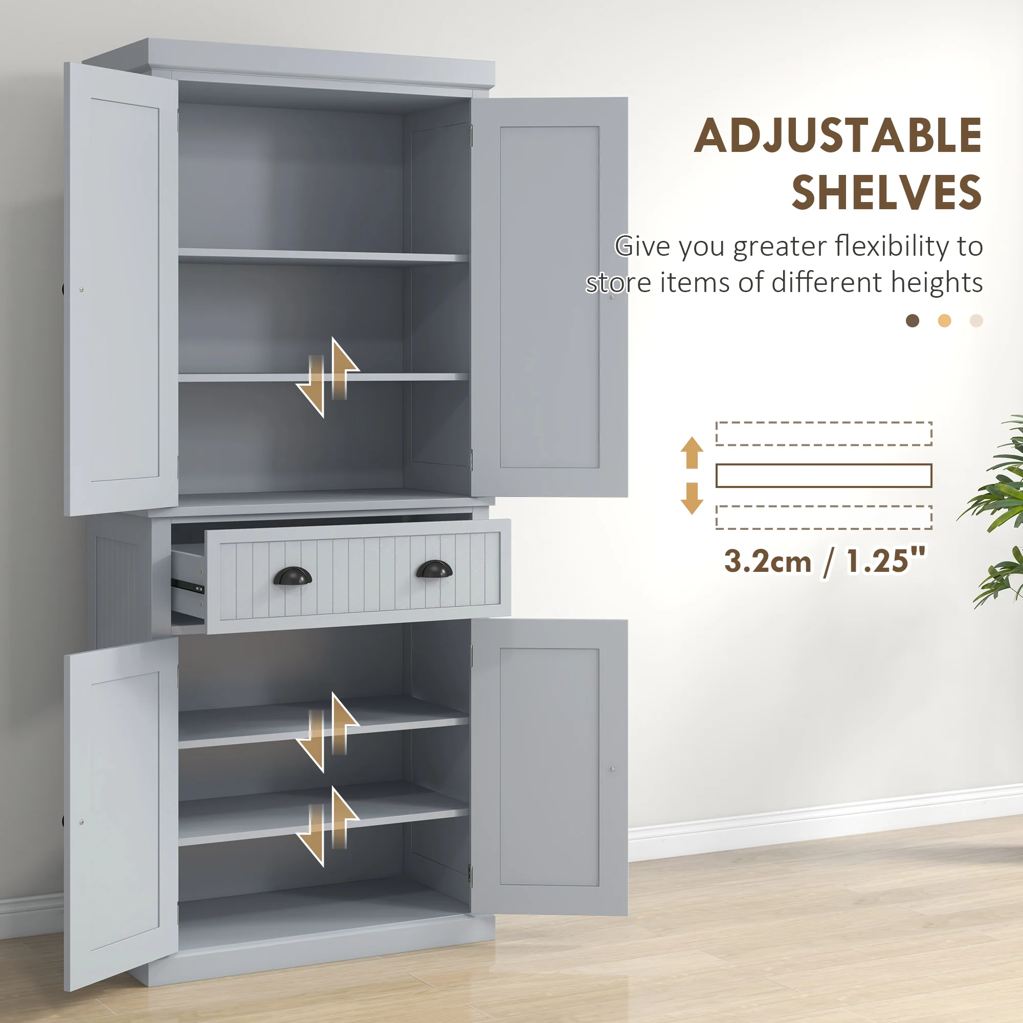 72" Kitchen Pantry Storage Cabinet with 4 Doors & 3 Adjustable Shelves, Gray - Image 8