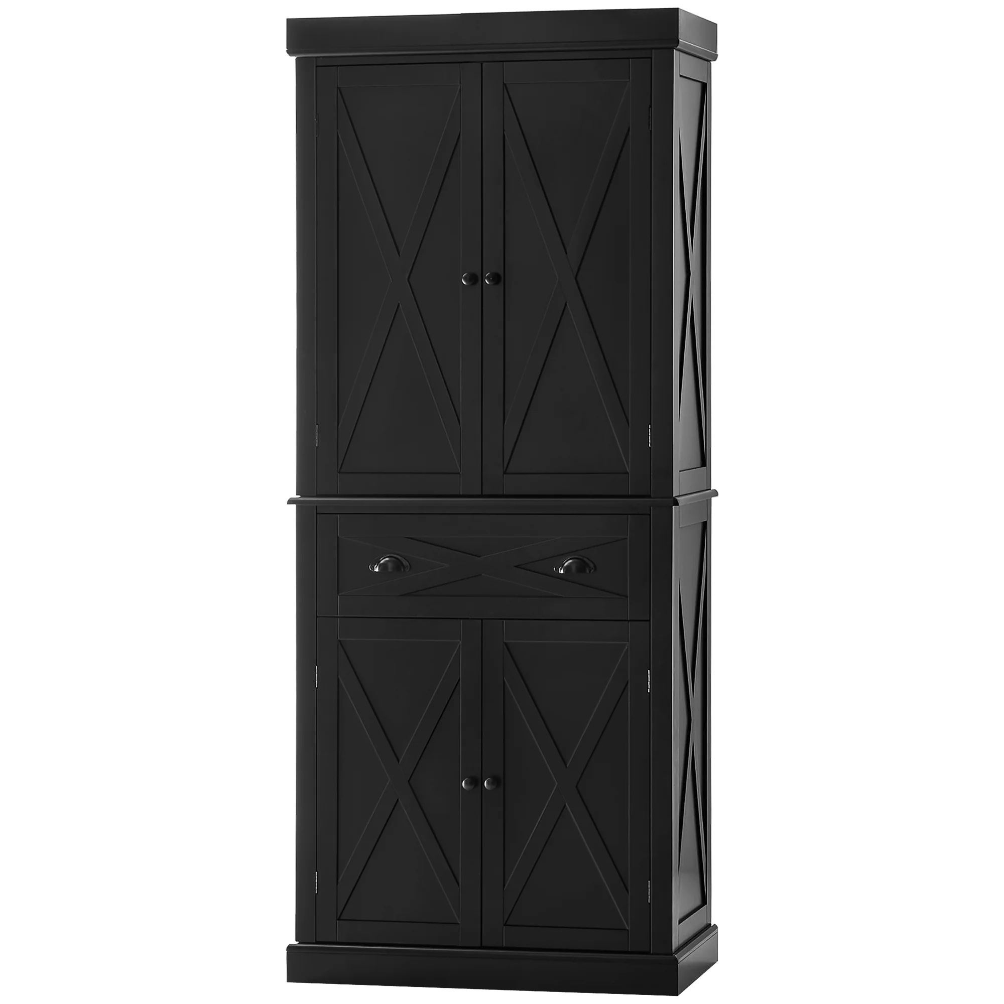 72" Kitchen Pantry Storage Cabinet, Freestanding Cupboard w/ 4 Doors & 2 Shelves, Black - Image 2
