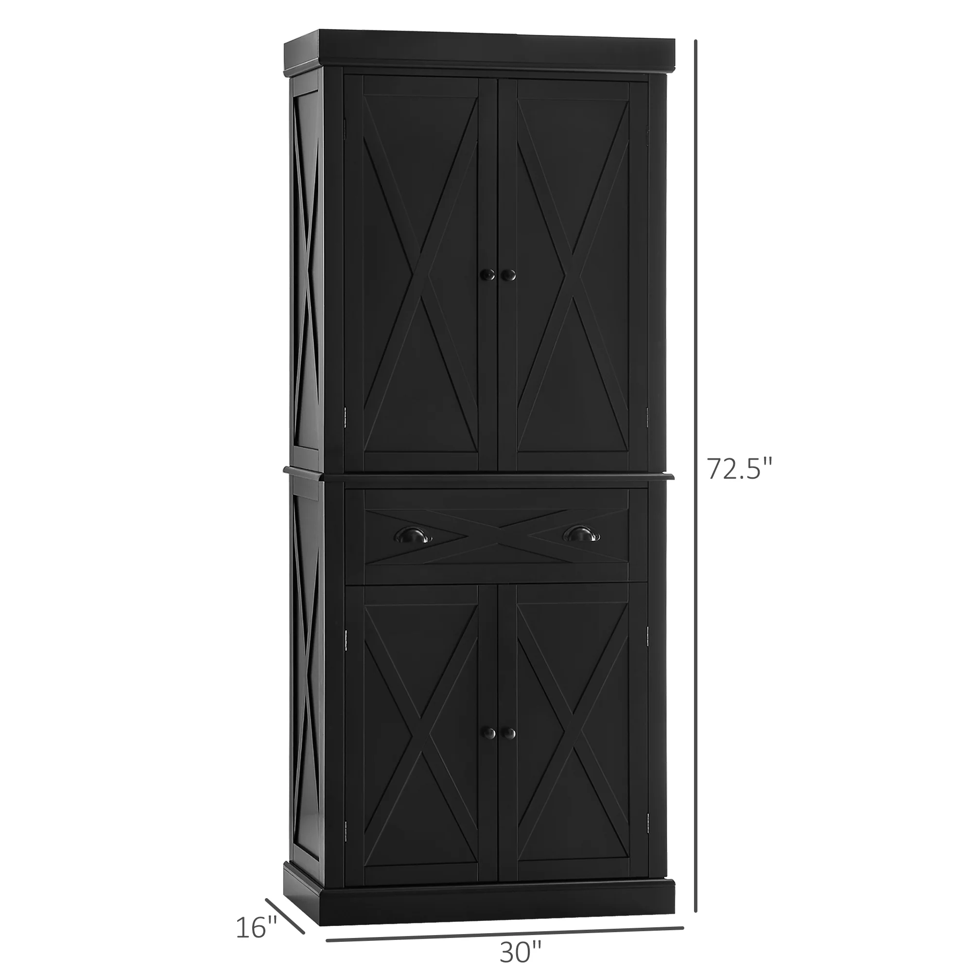 72" Kitchen Pantry Storage Cabinet, Freestanding Cupboard w/ 4 Doors & 2 Shelves, Black - Image 5