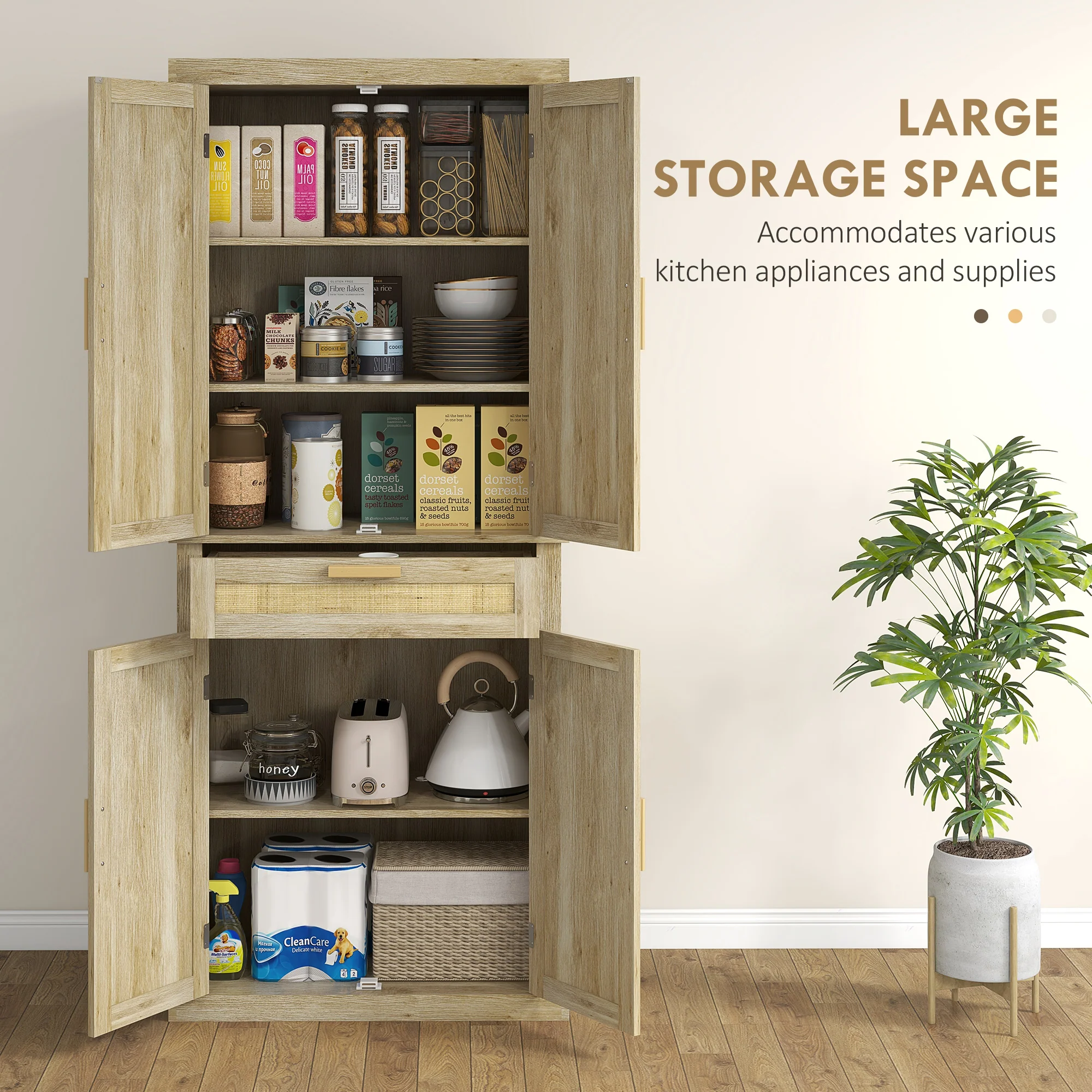 72" Rattan Pantry Cabinet with Doors Drawer & Adjustable Shelves, Oak - Image 7