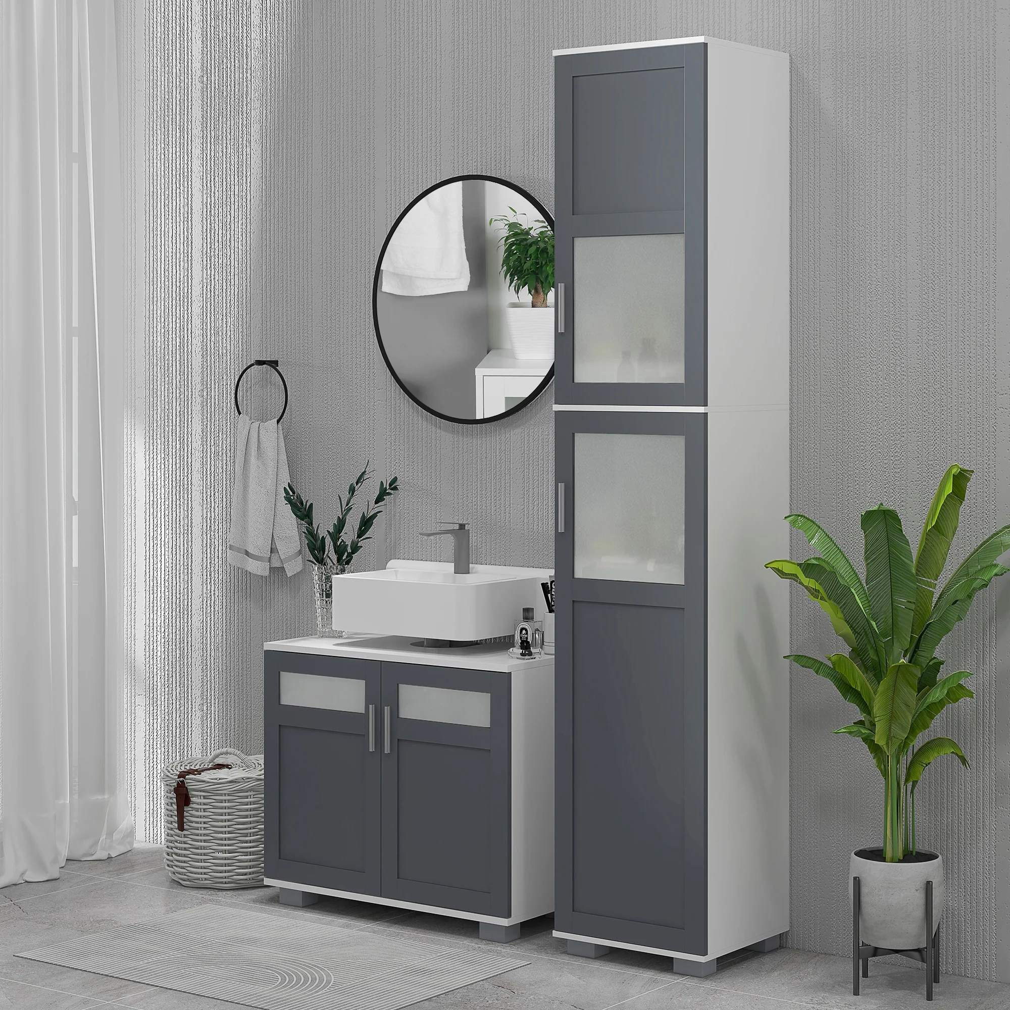 75" Tall Linen Cabinet with 2 Cupboards, Matte Glass Doors and Adjustable Shelves, White - Image 3
