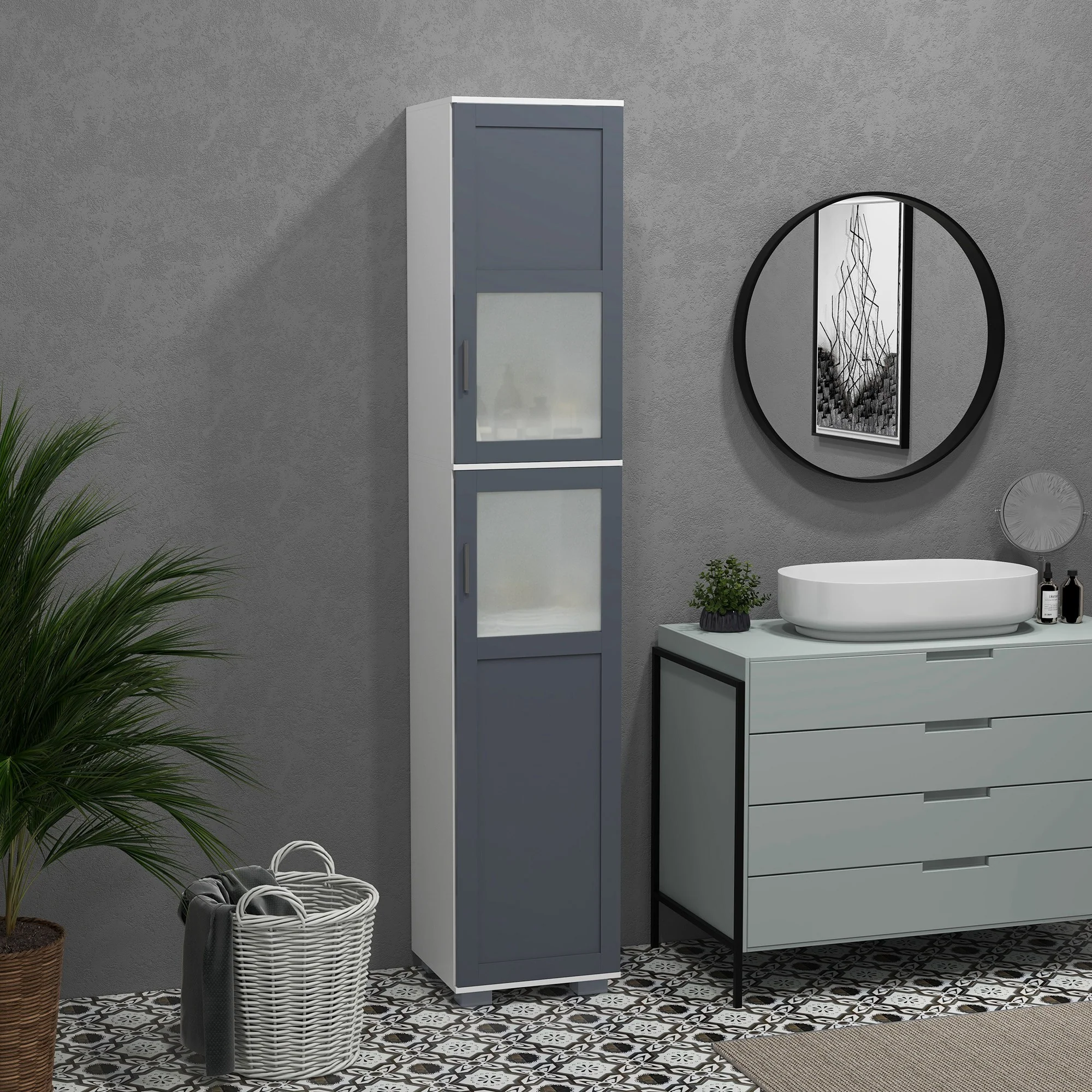 75" Tall Linen Cabinet with 2 Cupboards, Matte Glass Doors and Adjustable Shelves, White - Image 4