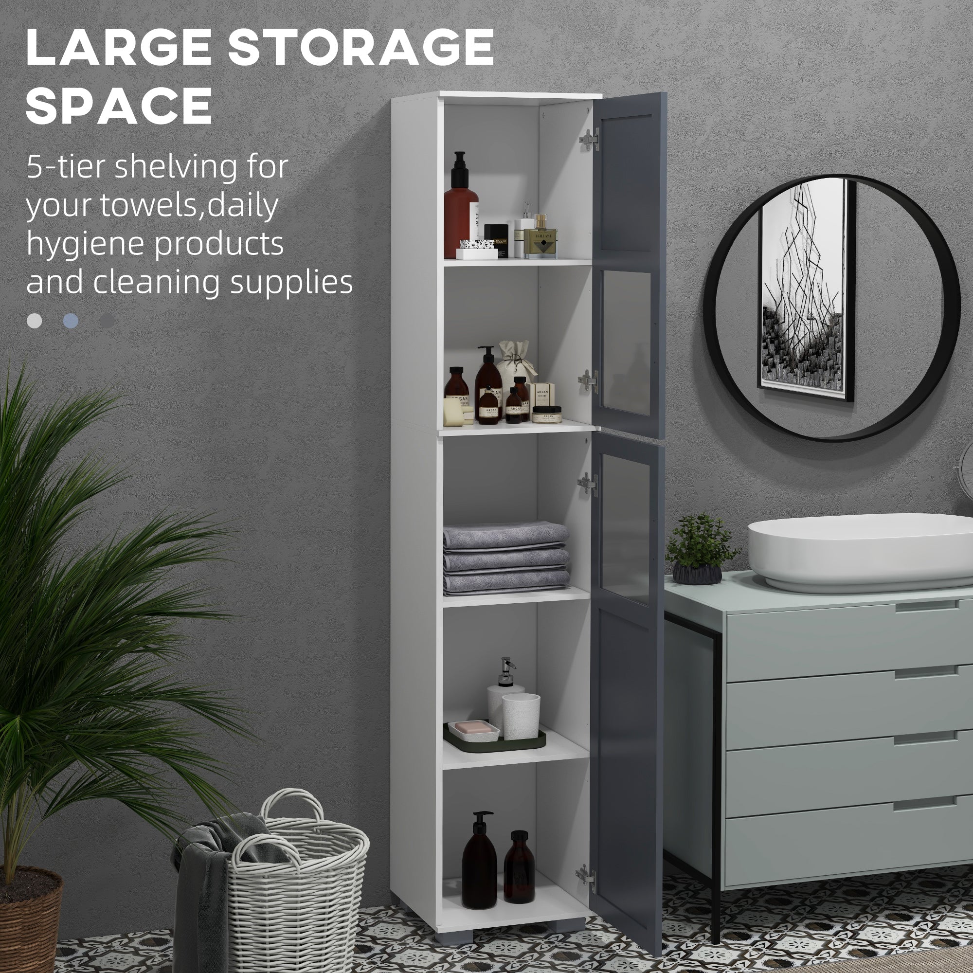 75" Tall Linen Cabinet with 2 Cupboards, Matte Glass Doors and Adjustable Shelves, White - Image 6