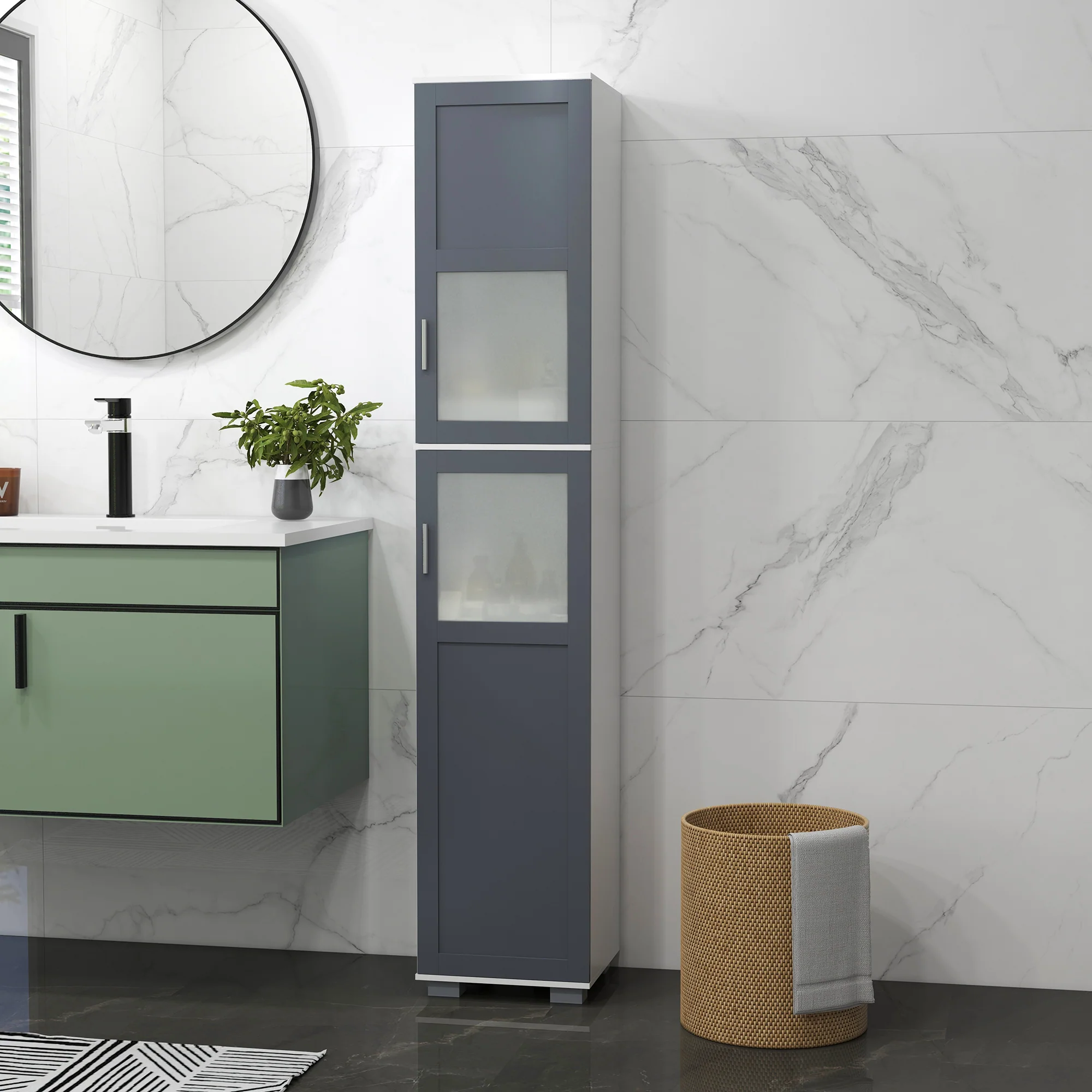 75" Tall Linen Cabinet with 2 Cupboards, Matte Glass Doors and Adjustable Shelves, White - Image 9