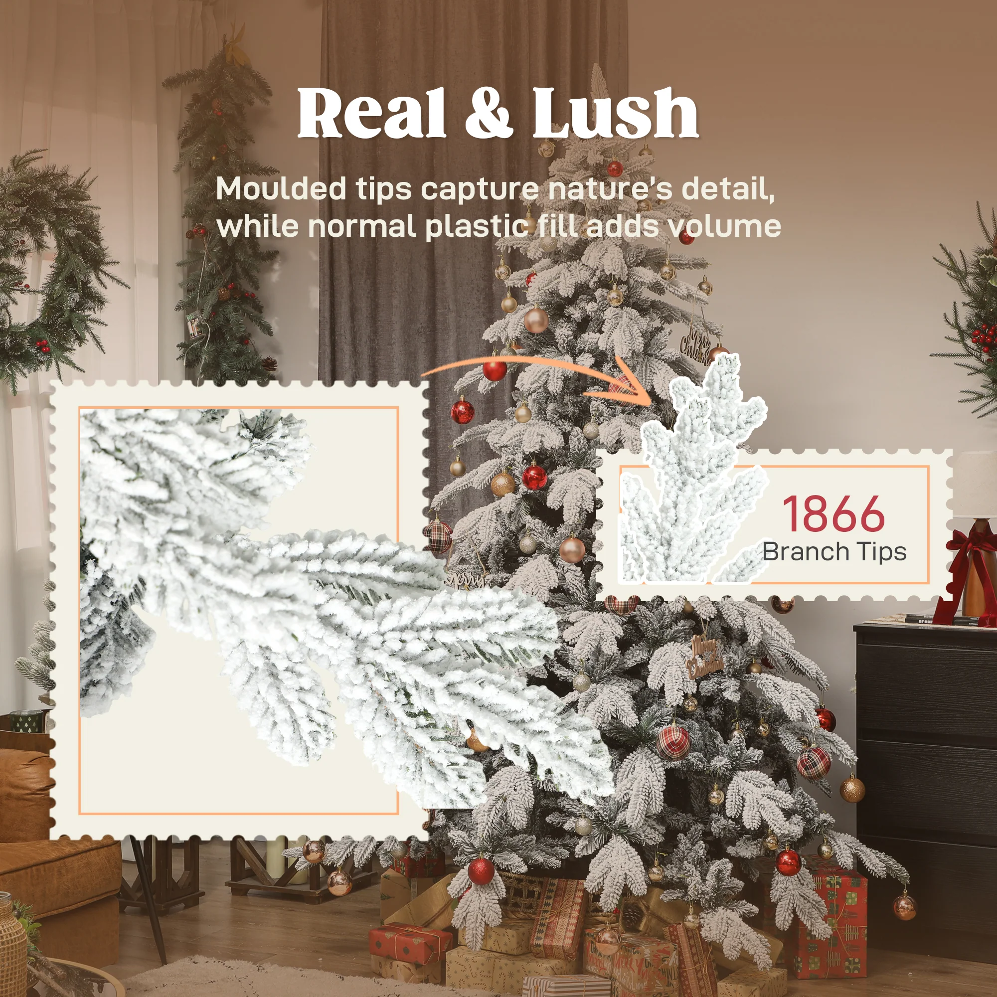 7ft Artificial Christmas Tree, Snow Flocked Christmas Tree with Realistic Dense Branches, Hinged Design, Metal Stand, Wide Shape, Easy Assembly, Xmas Home Decoration, Green White - Image 7