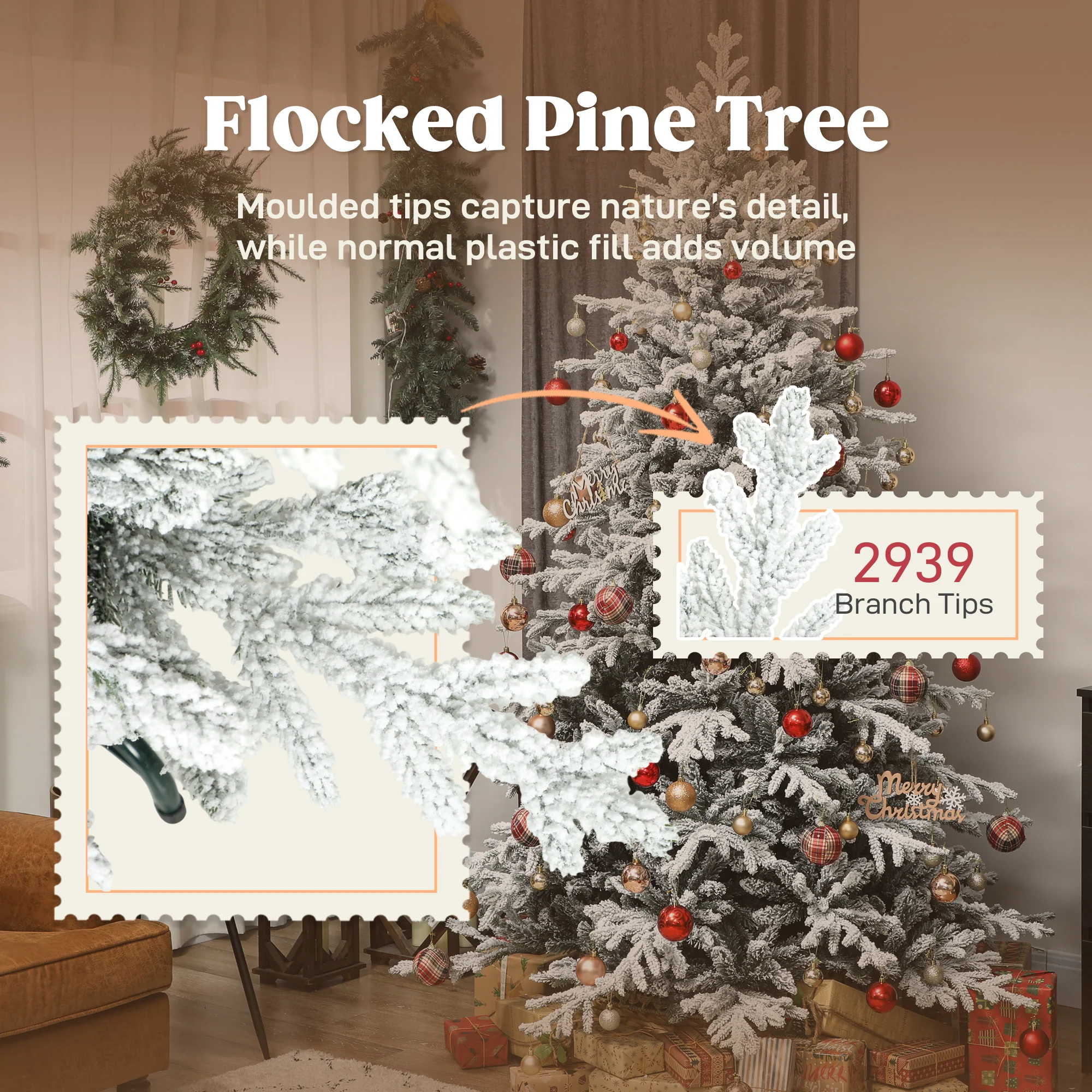 7ft Artificial Flocked Christmas Tree with Realistic Tips, Metal Stand, Easy Assembly - Image 7