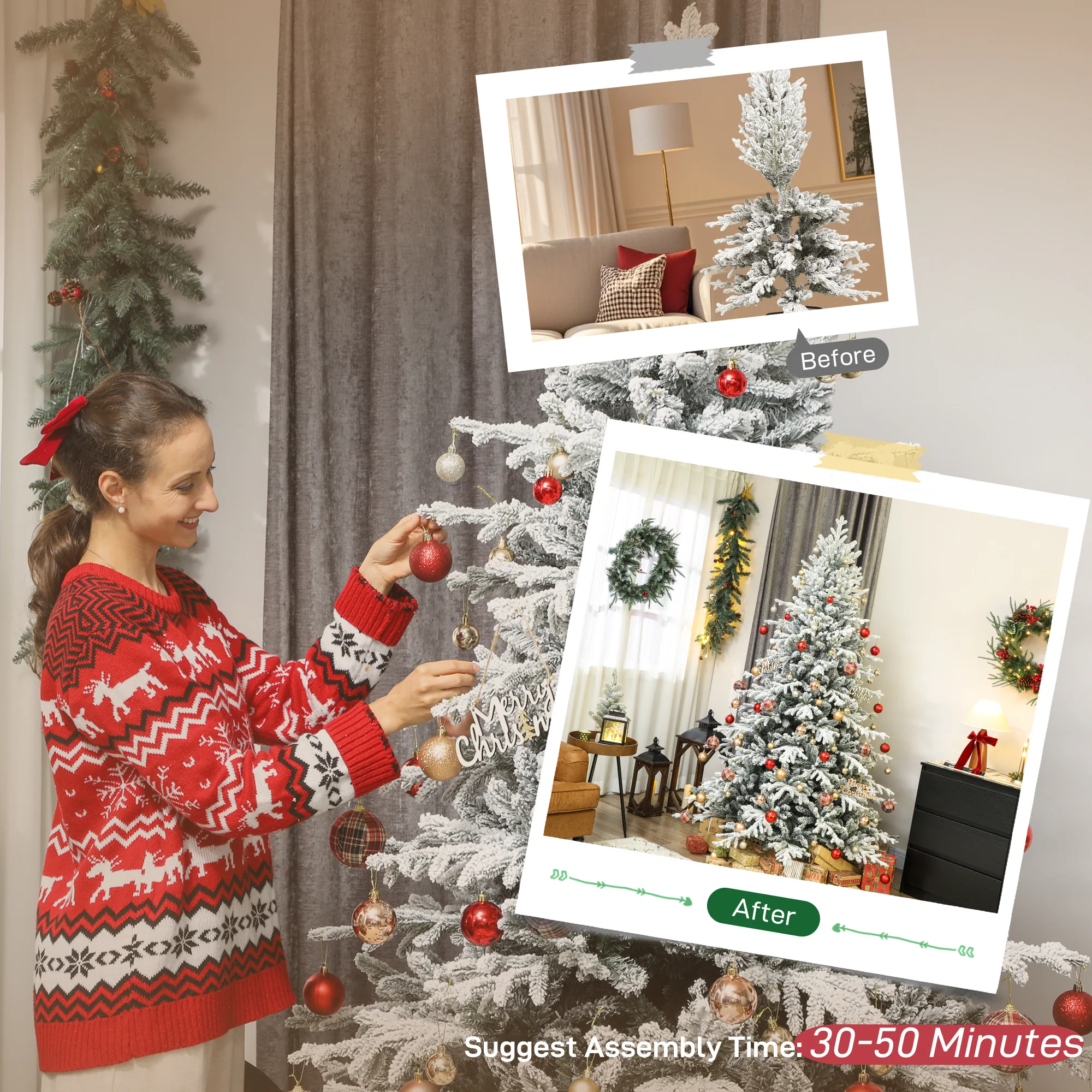 7ft Artificial Flocked Christmas Tree with Realistic Tips, Metal Stand, Easy Assembly - Image 9