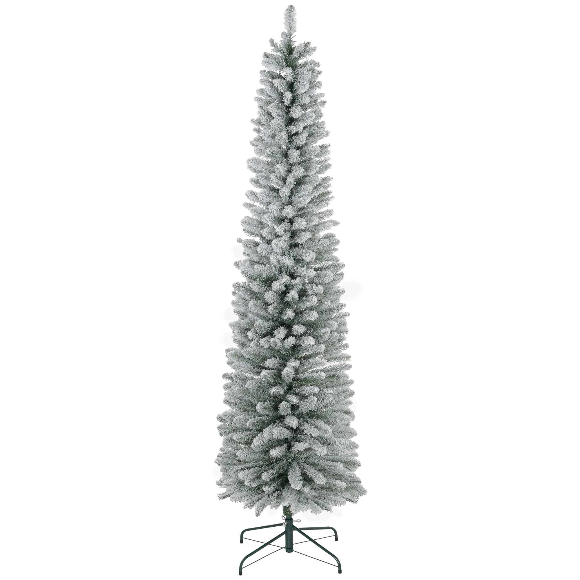 7ft Artificial Pencil Christmas Tree with 405 Snow Flocked Branches, Metal Base, White