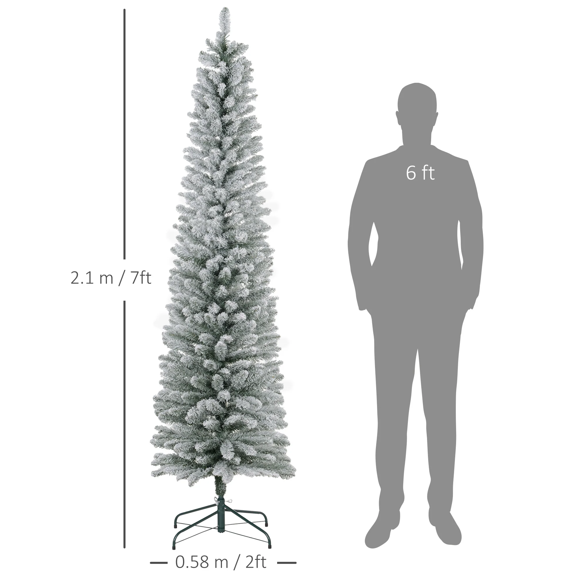 7ft Artificial Pencil Christmas Tree with 405 Snow Flocked Branches, Metal Base, White - Image 5