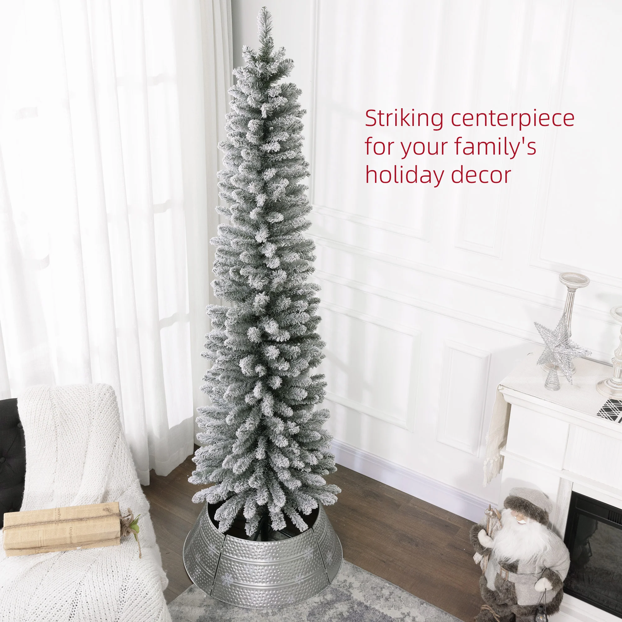7ft Artificial Pencil Christmas Tree with 405 Snow Flocked Branches, Metal Base, White - Image 6