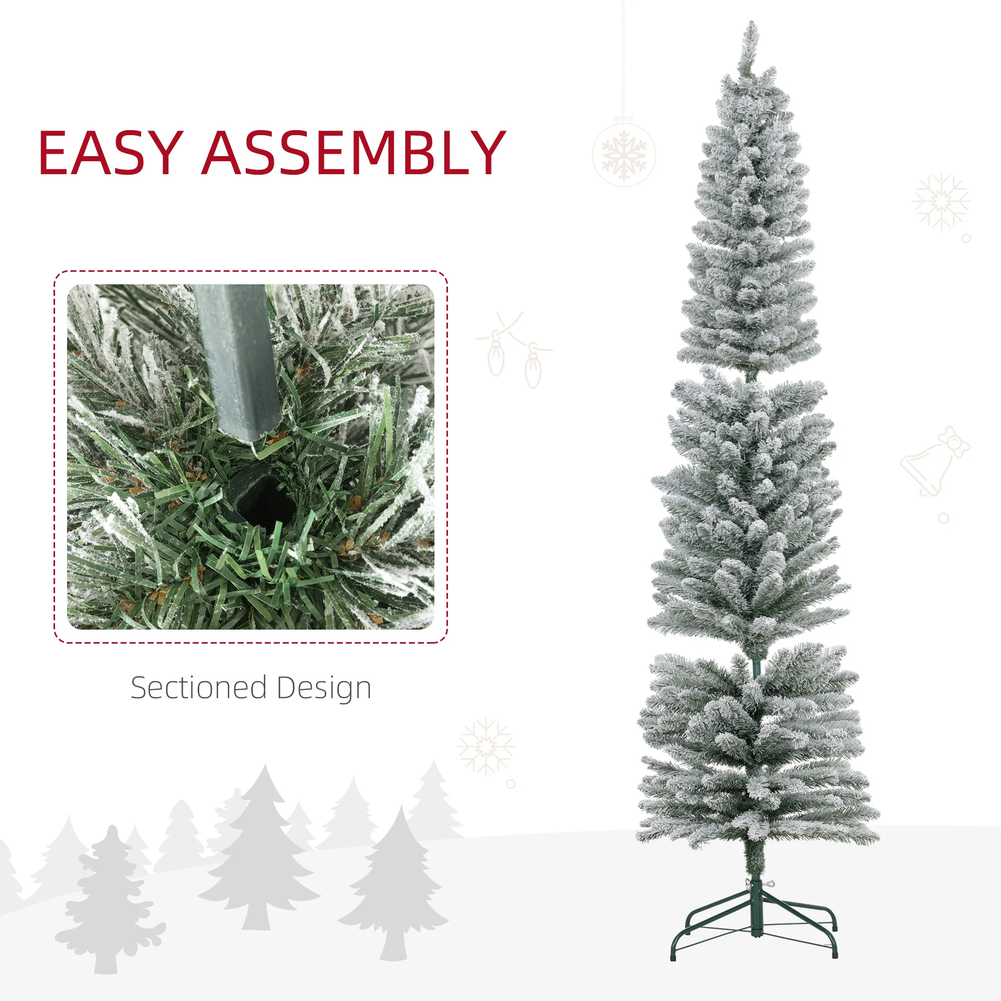 7ft Artificial Pencil Christmas Tree with 405 Snow Flocked Branches, Metal Base, White - Image 8