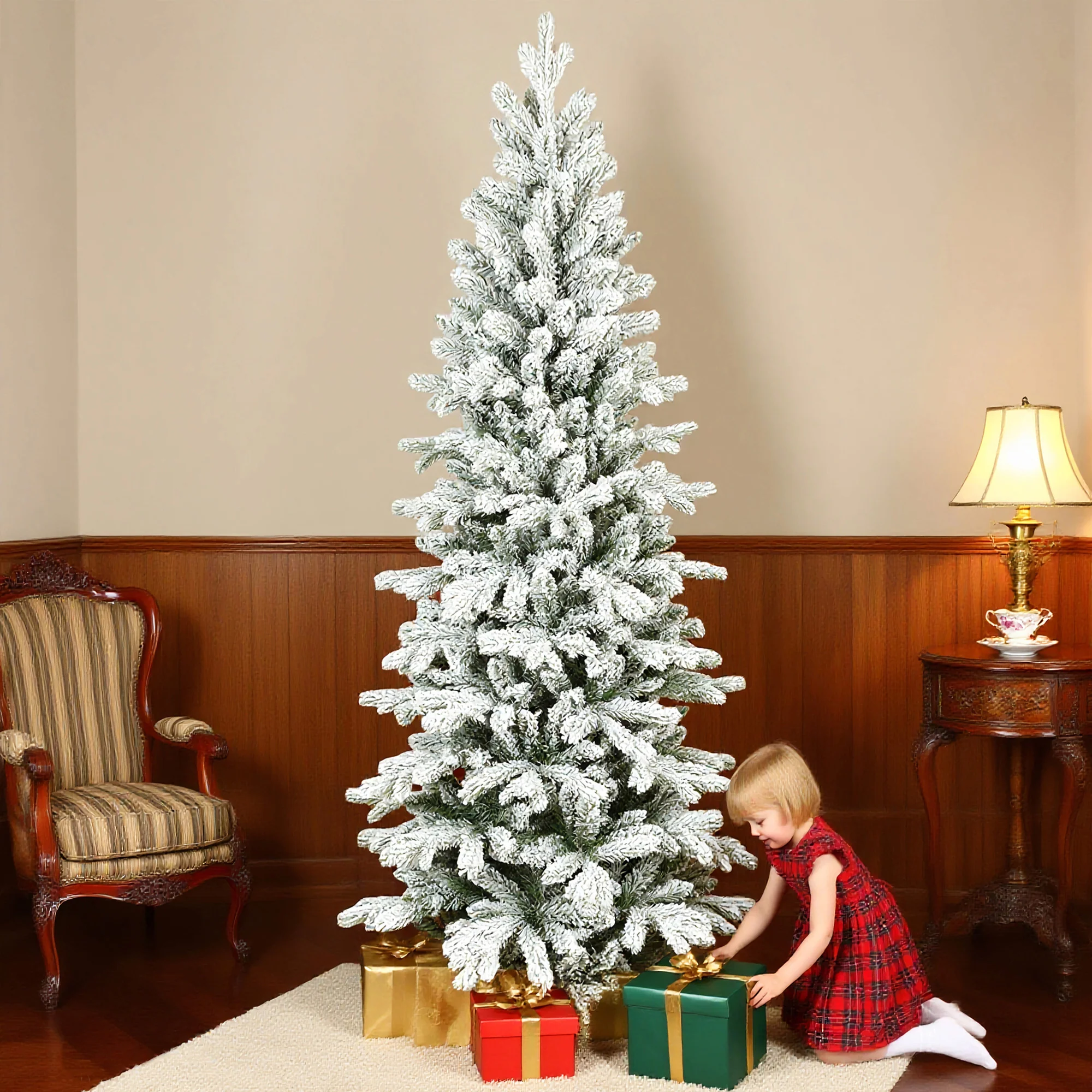 7ft Flocked Christmas Tree with 972 Tips, Realistic Branches, Easy Assembly, Slim Shape - Image 3
