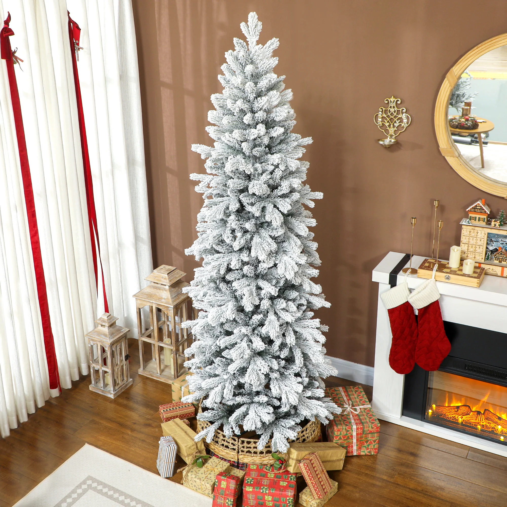 7ft Flocked Christmas Tree with 972 Tips, Realistic Branches, Easy Assembly, Slim Shape - Image 4