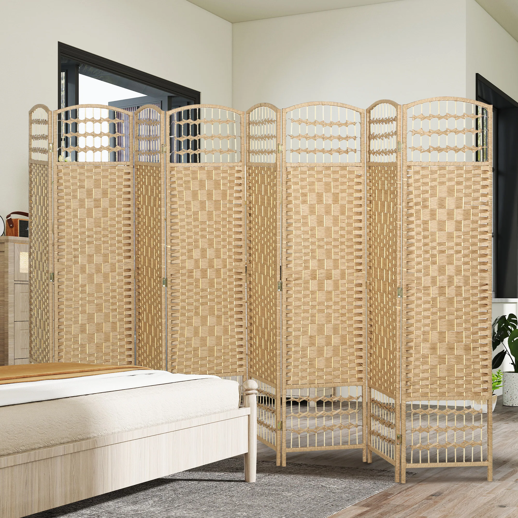 8 Panel Room Divider, 5.6 ft Tall Folding Privacy Screen, Wave Fiber Freestanding Partition Wall Divider for Home Office, Natural - Image 10