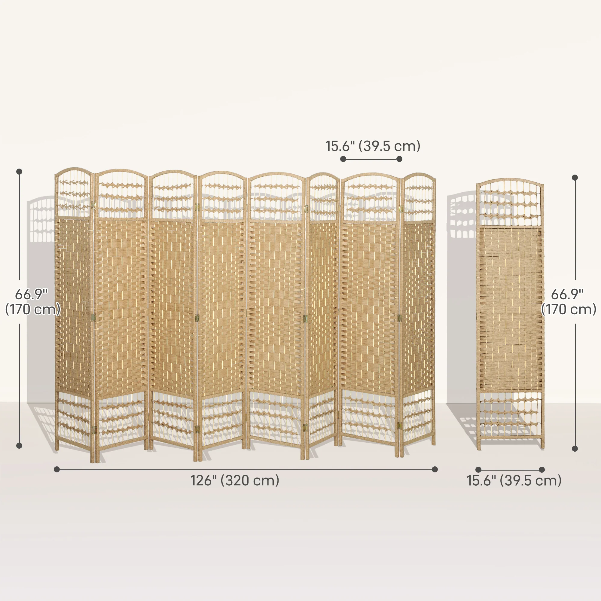 8 Panel Room Divider, 5.6 ft Tall Folding Privacy Screen, Wave Fiber Freestanding Partition Wall Divider for Home Office, Natural - Image 5