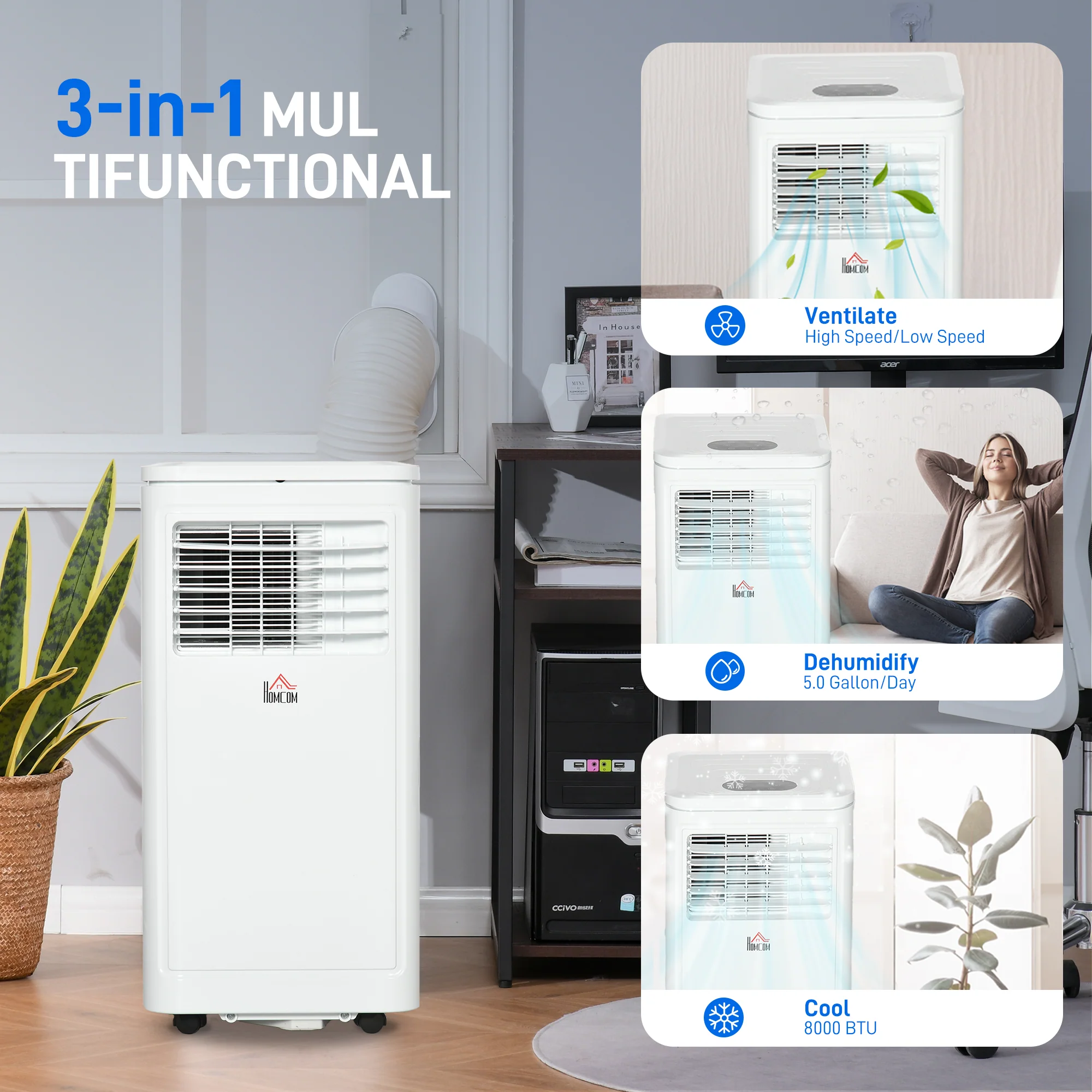 8000 BTU Mobile Portable Air Conditioner with Cooling, Dehumidifier, Portable AC Unit, Cream White - Image 6