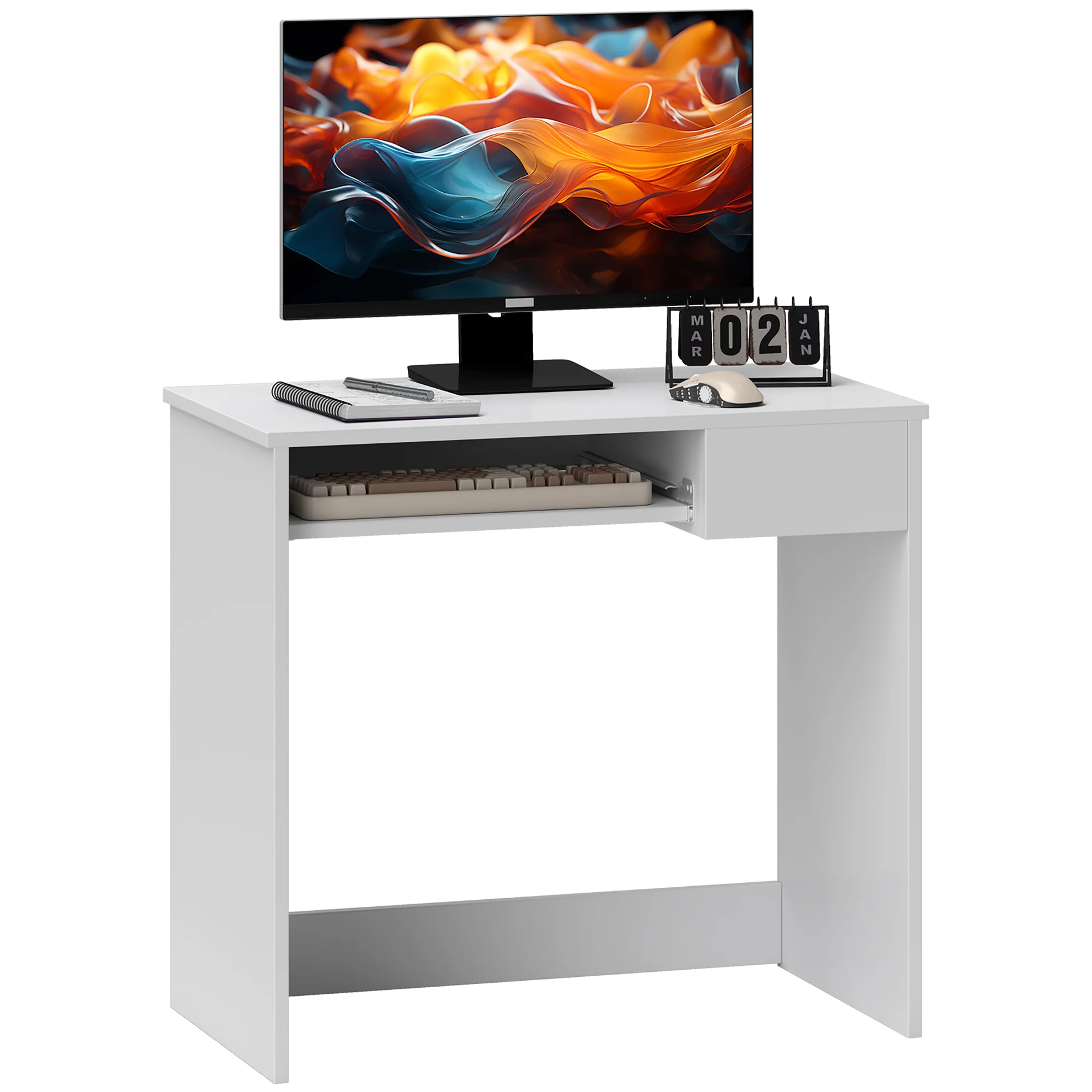 Compact Computer Desk with Keyboard Tray & Drawer, Office Desk for Bedroom Study, White