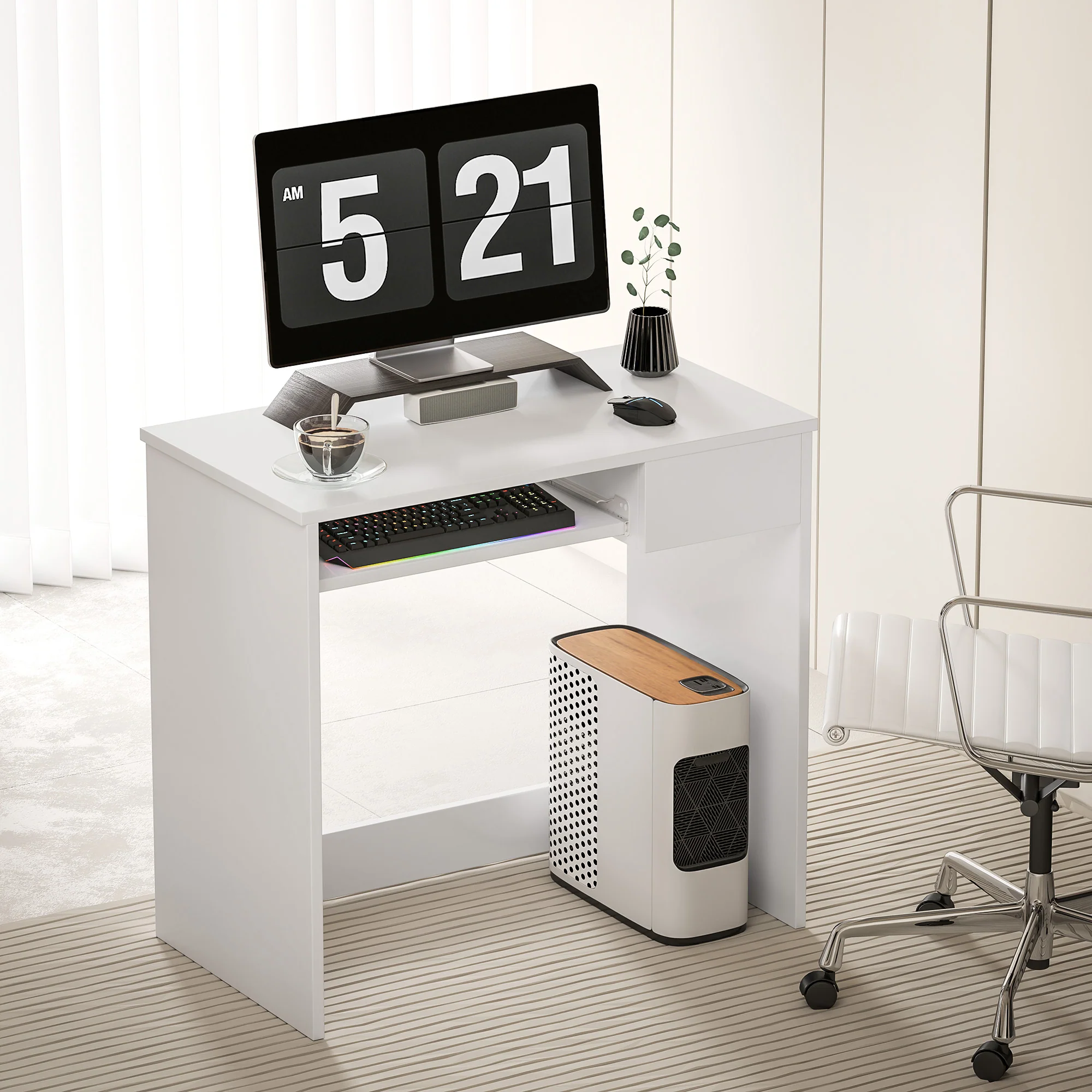 Compact Computer Desk with Keyboard Tray & Drawer, Office Desk for Bedroom Study, White - Image 3