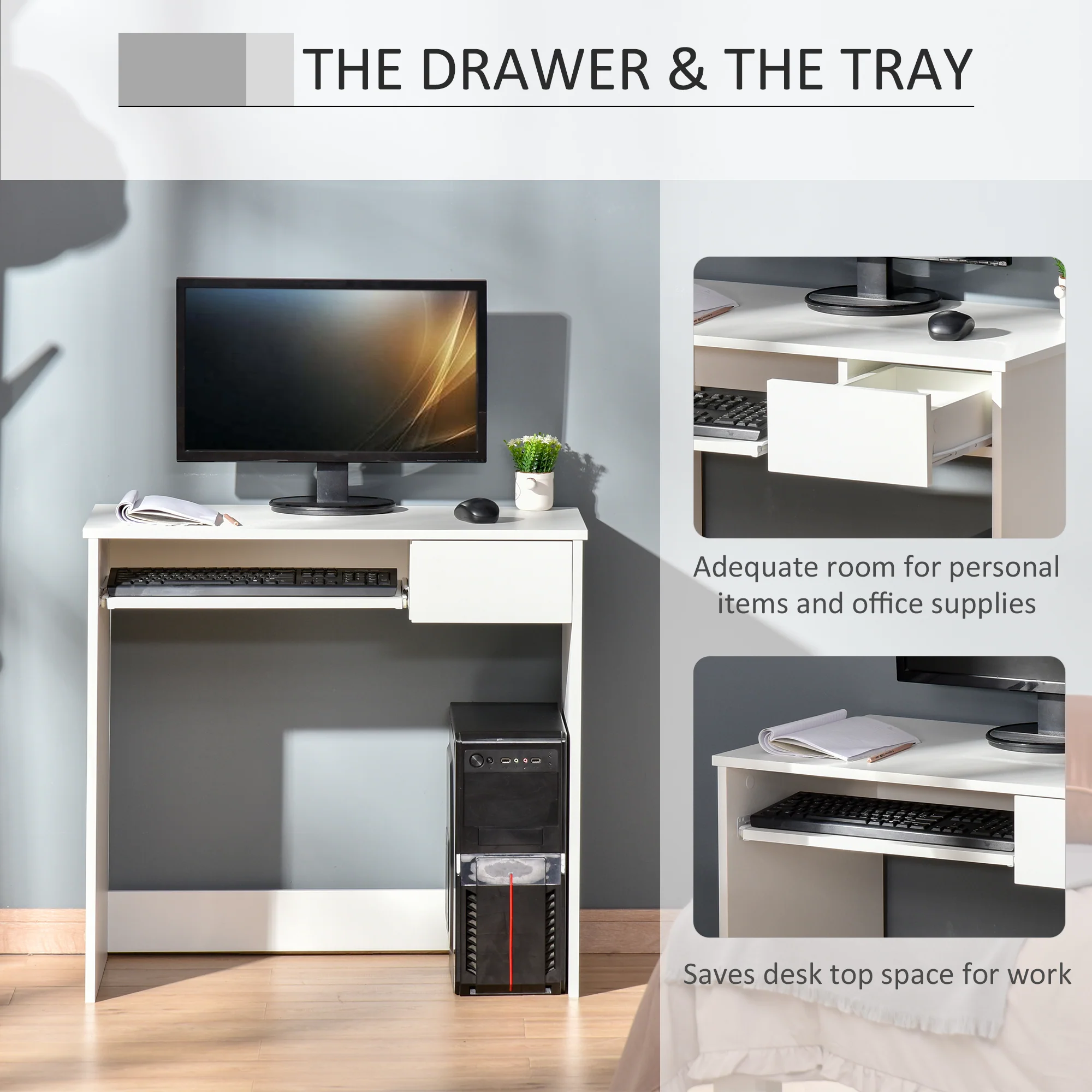 Compact Computer Desk with Keyboard Tray & Drawer, Office Desk for Bedroom Study, White - Image 6
