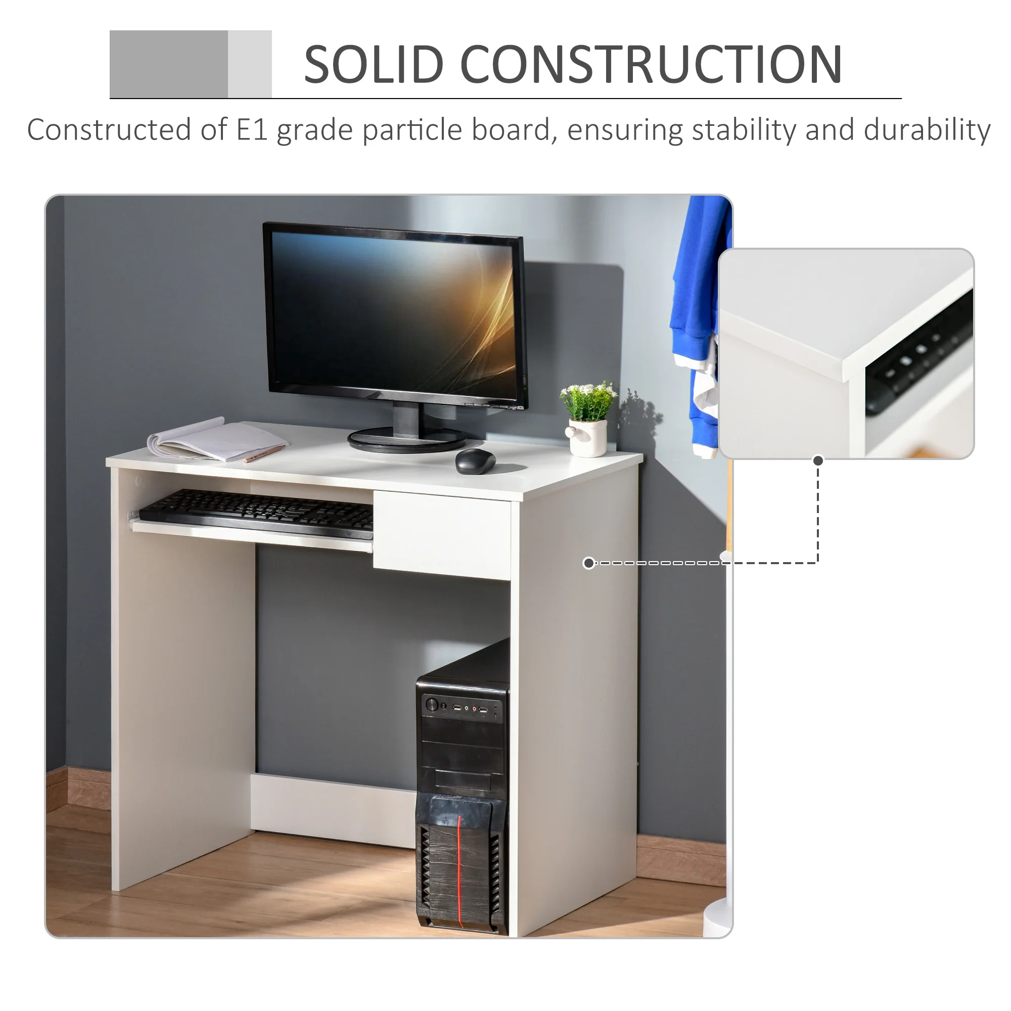 Compact Computer Desk with Keyboard Tray & Drawer, Office Desk for Bedroom Study, White - Image 7