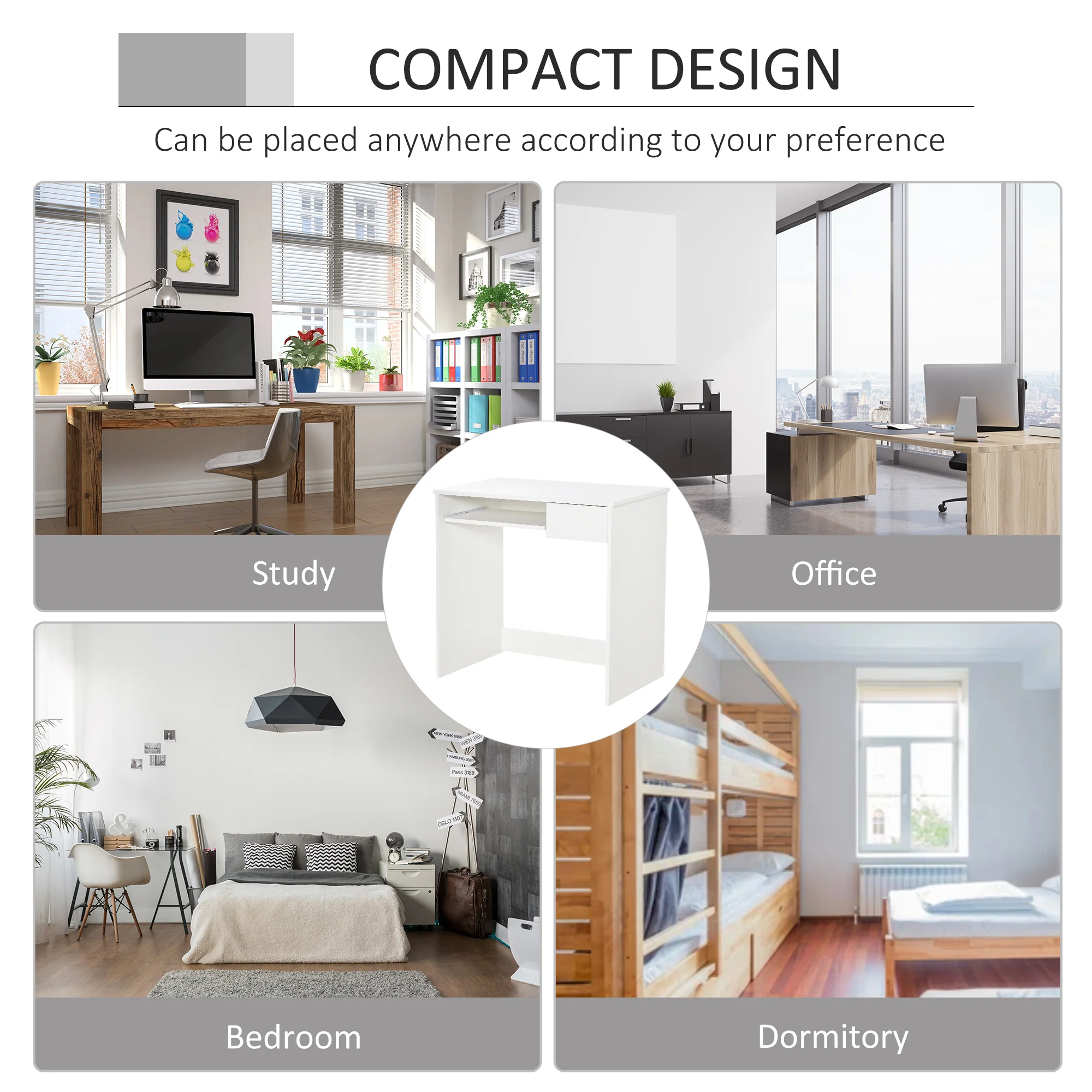 Compact Computer Desk with Keyboard Tray & Drawer, Office Desk for Bedroom Study, White - Image 8