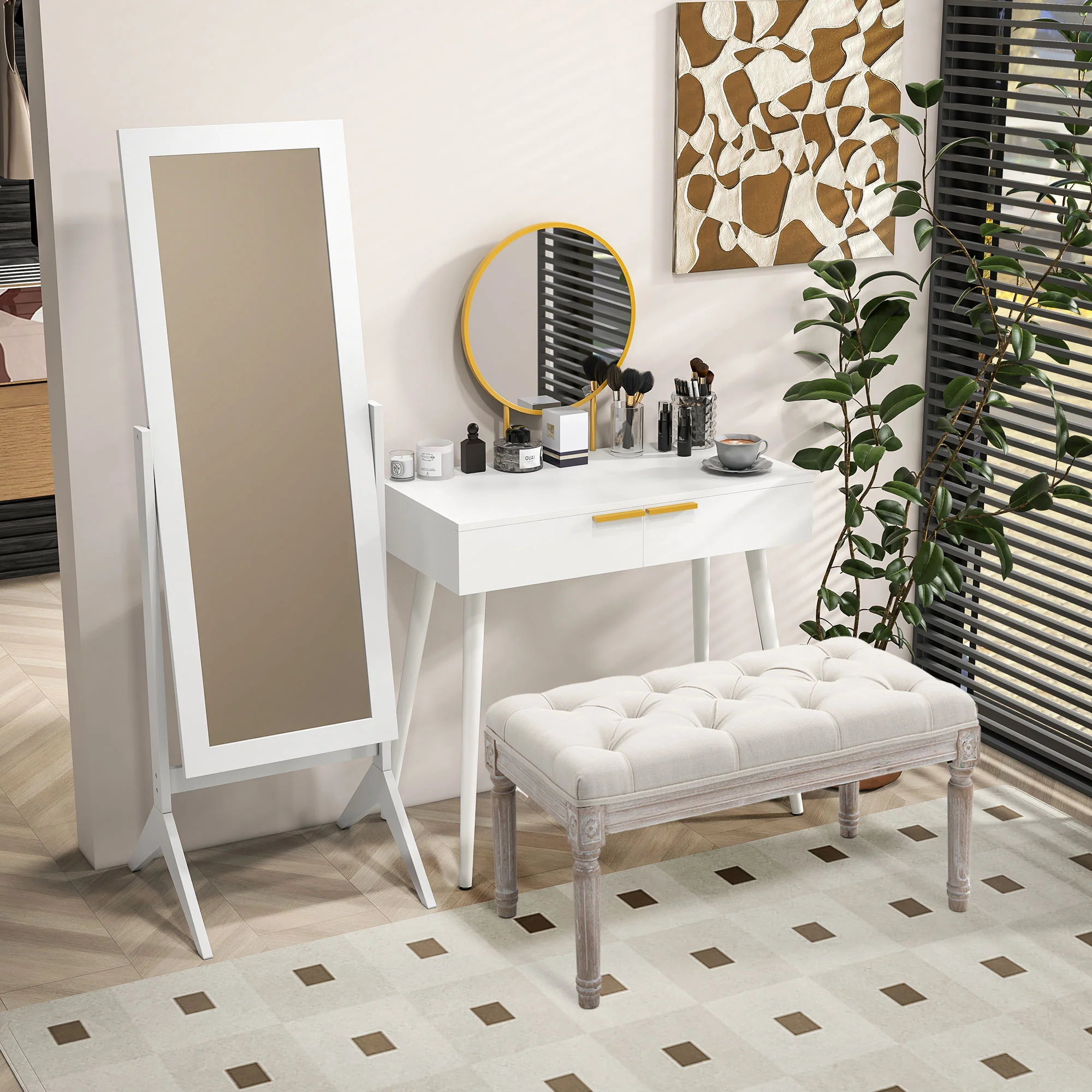 80cm End of Bed Bench, Button Tufting Bench with Fluted Wood Legs, Cream White - Image 11