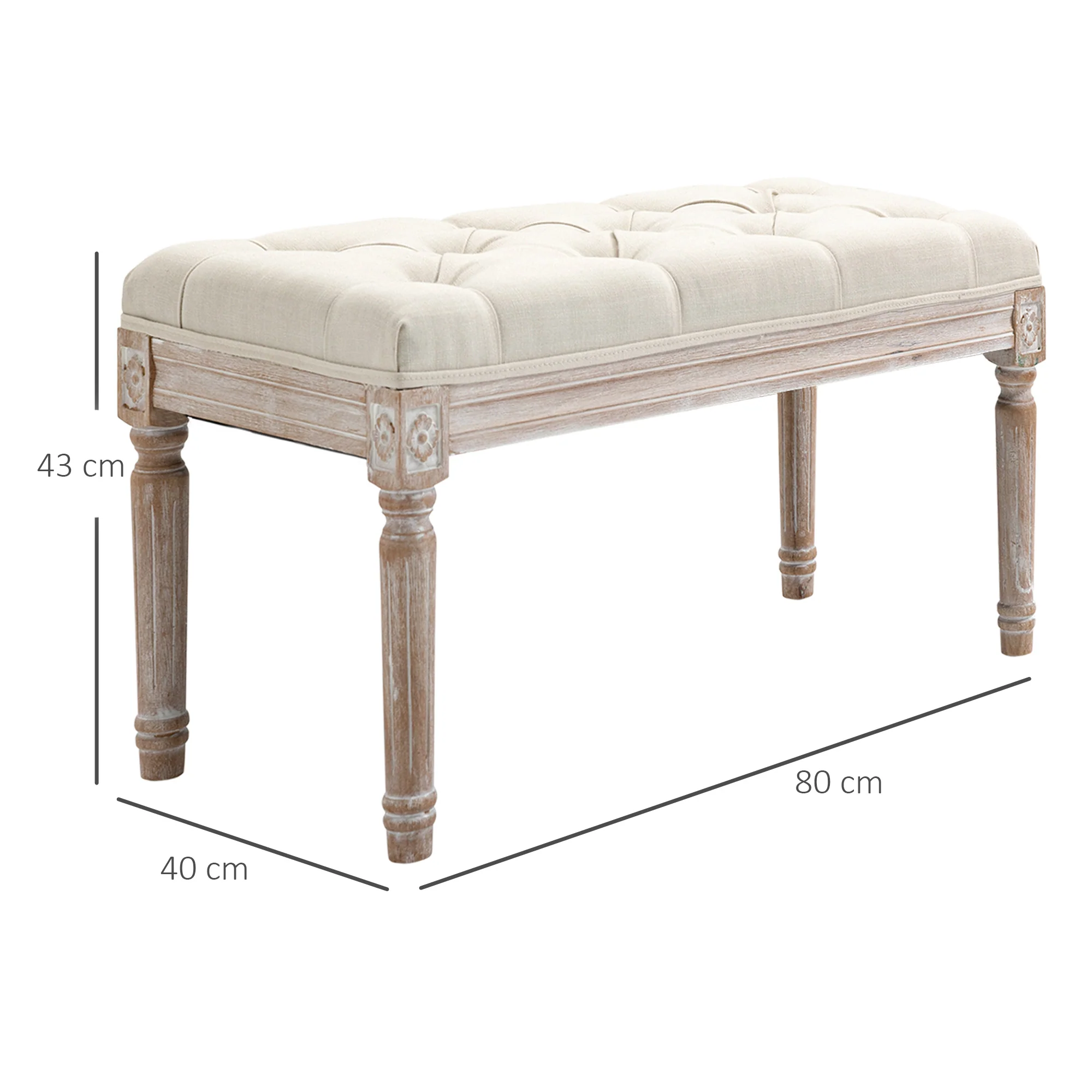 80cm End of Bed Bench, Button Tufting Bench with Fluted Wood Legs, Cream White - Image 5