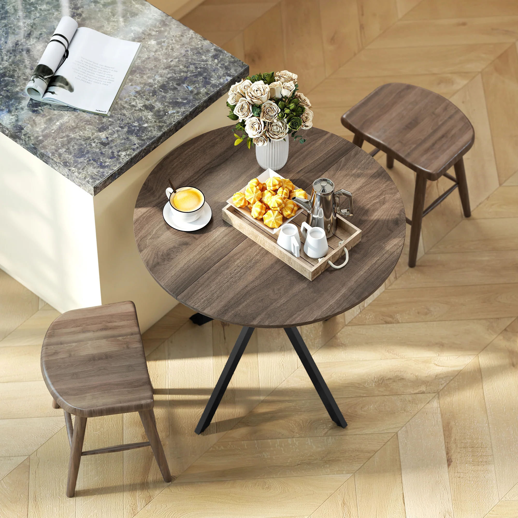 80cm Round Dining Table, Industrial Kitchen Table with Cross Steel Legs for Dining Room, Brown - Image 11